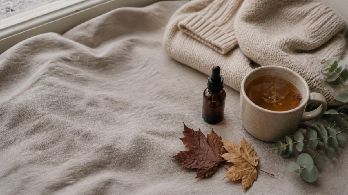 Amber glass serum bottle on a linen throw beside a mug of herbal tea, a cream knit jumper, autumn leaves and eucalyptus.