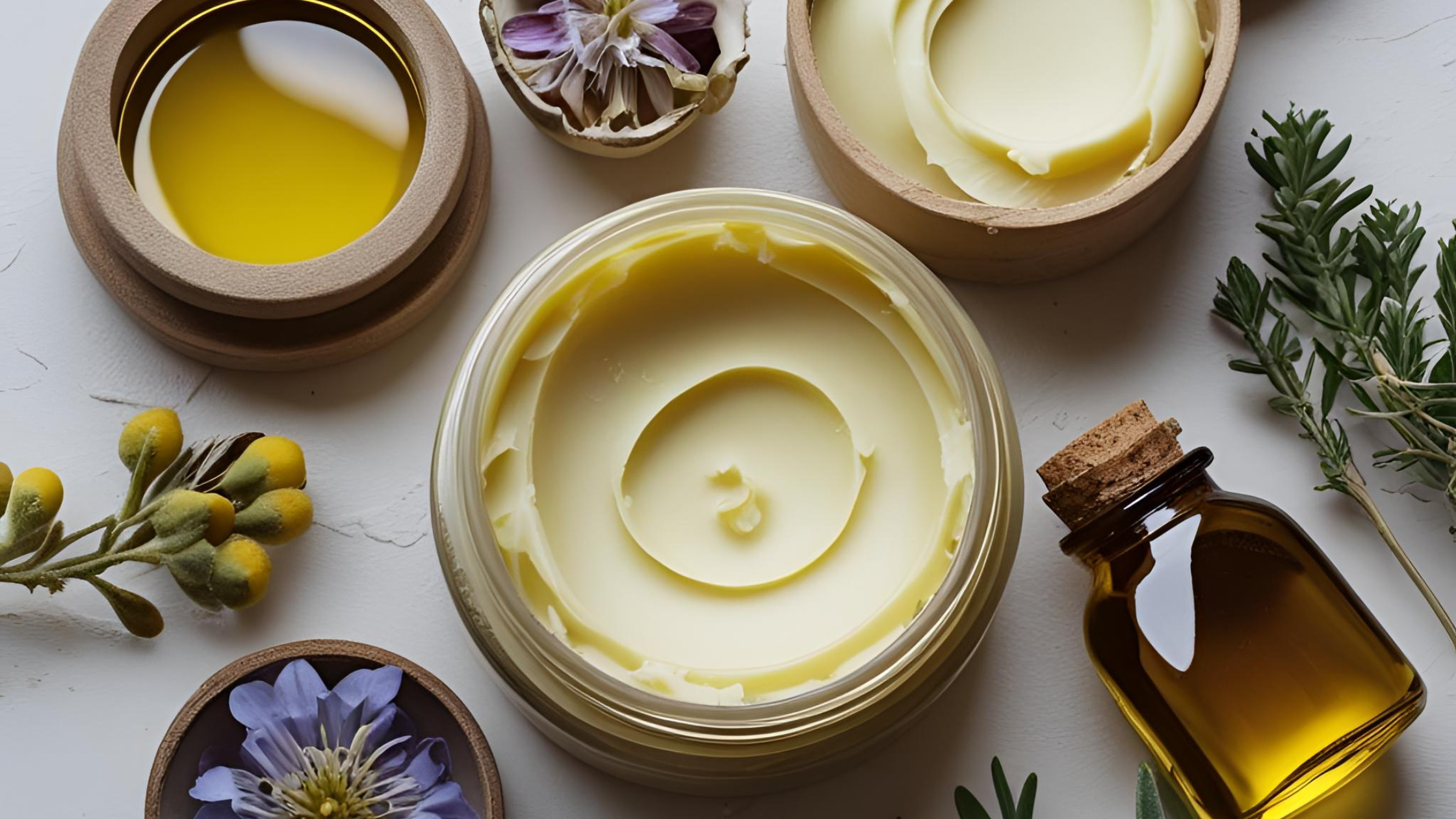 two pots of cream, pot of oil and flowers as ingredients for natural skincare