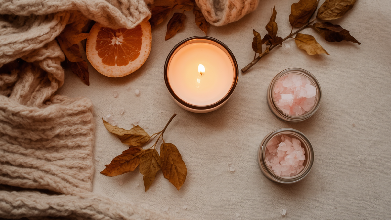 Autumnal flatlay with lit candle, grapefruit and knit jumpers alongside Puremess grapefruit body scrub jars