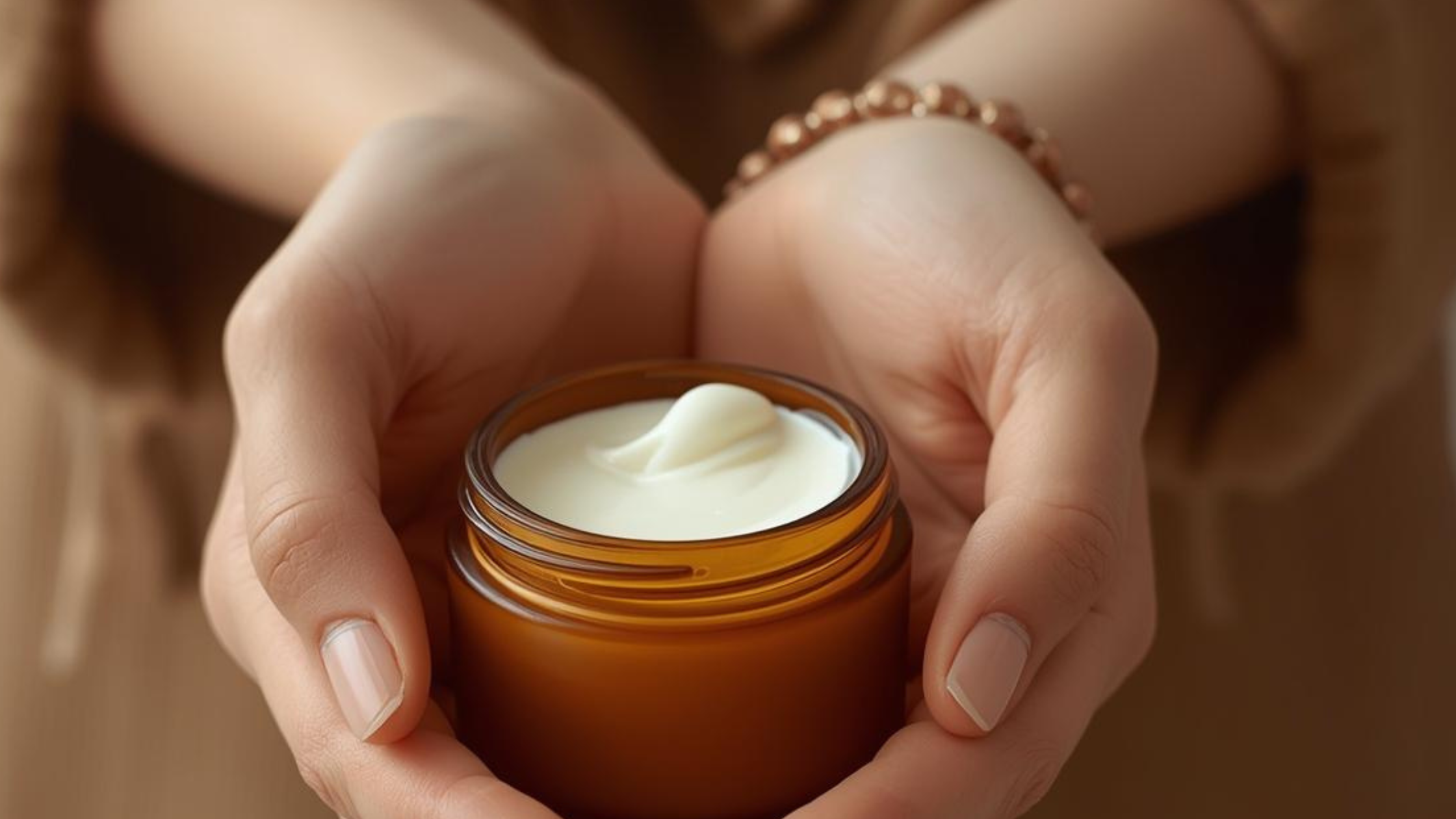 a womans hands holding an amber glass pot of skincare cream
