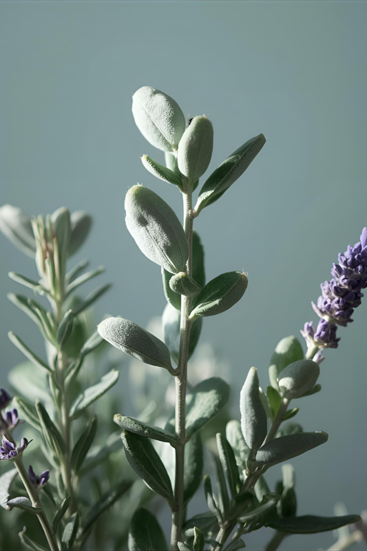 Eucalyptus, lavender and rosemary in a bunch on a serene background