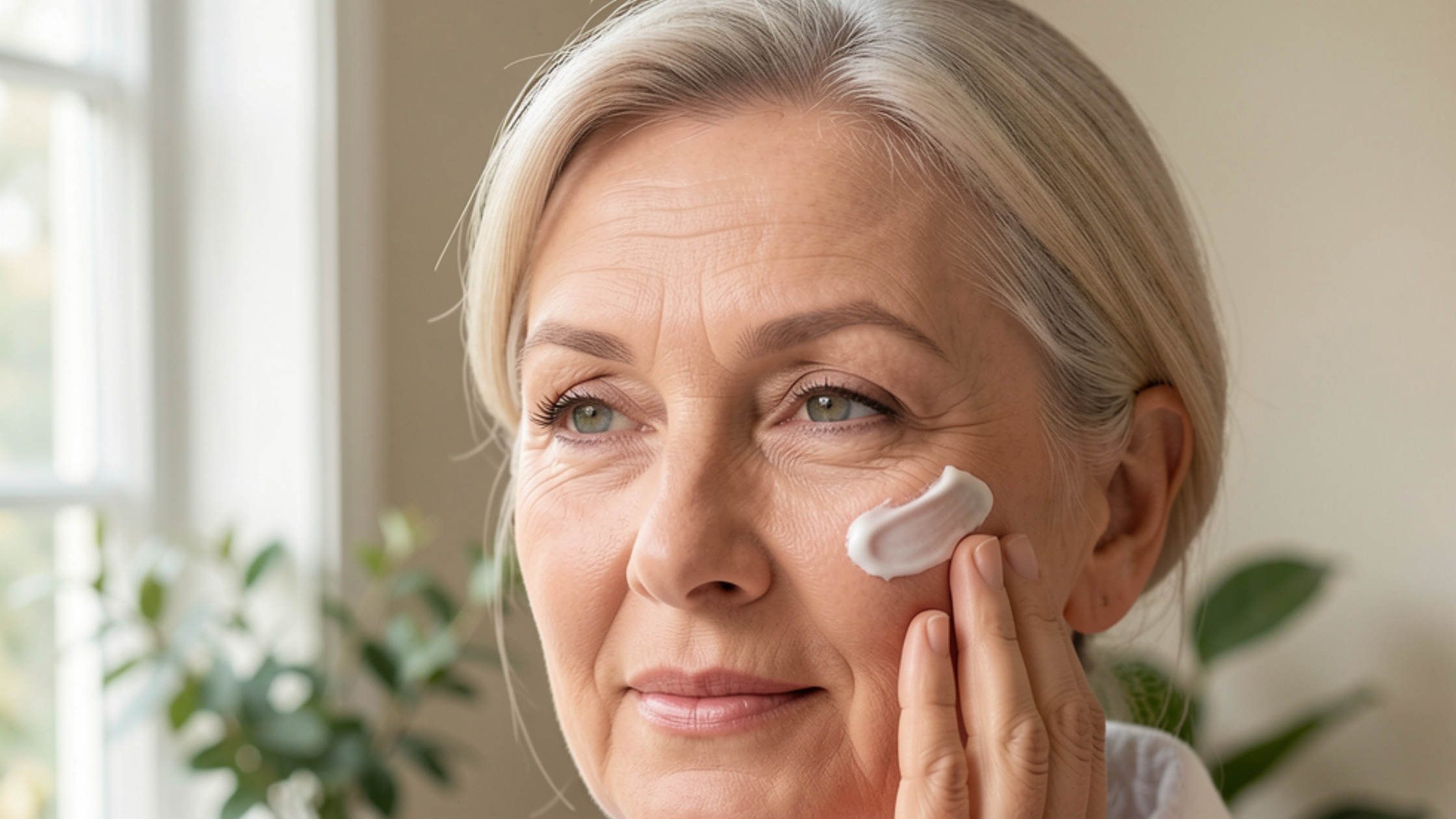 menopausal woman applying natural skincare cream to her face