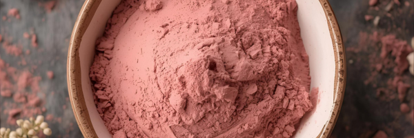 pink clay powder in a ceramic bowl