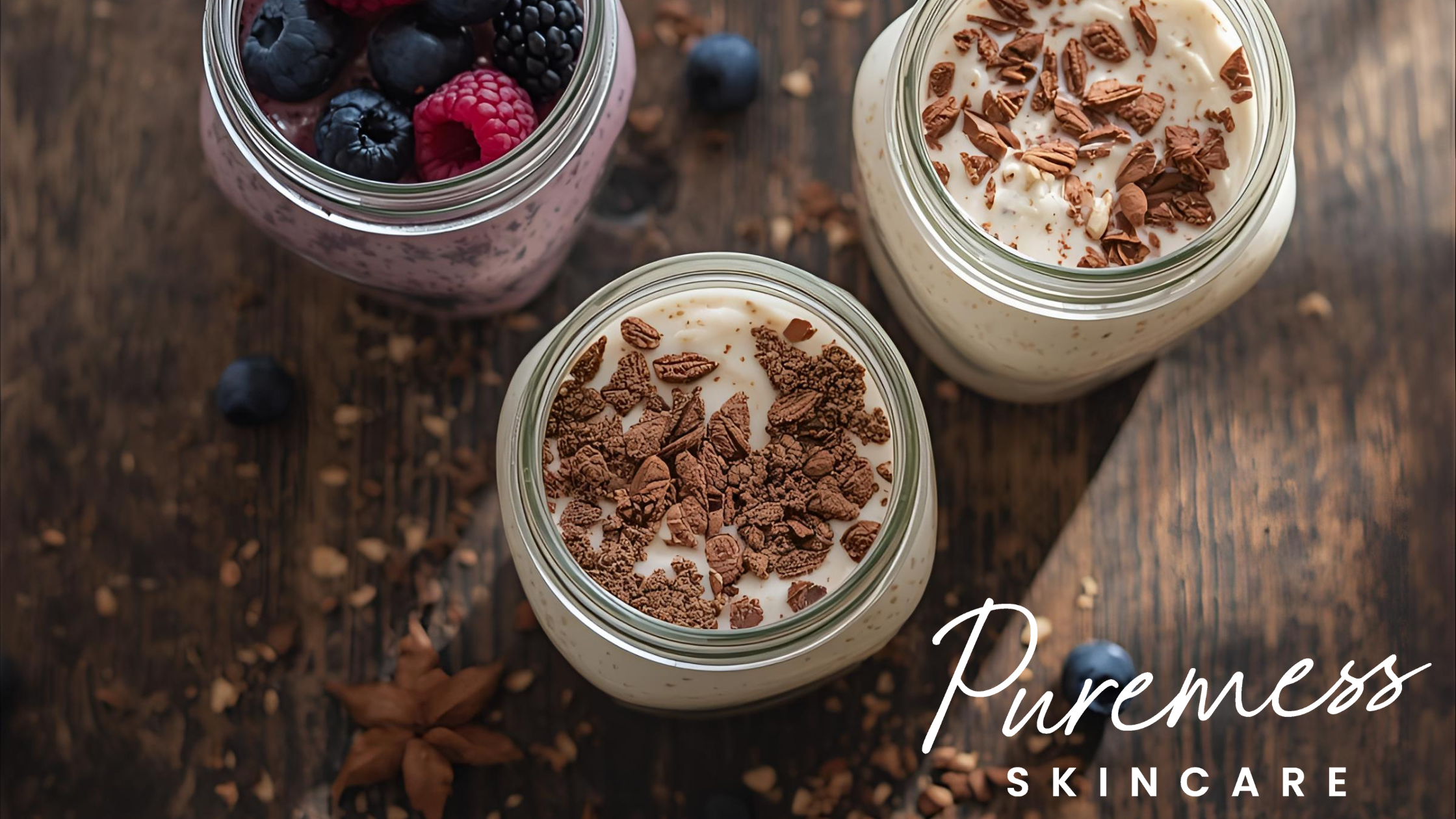 Anti-inflammatory breakfast recipes for glowing skin — overnight oats with berries and cacao in glass jars