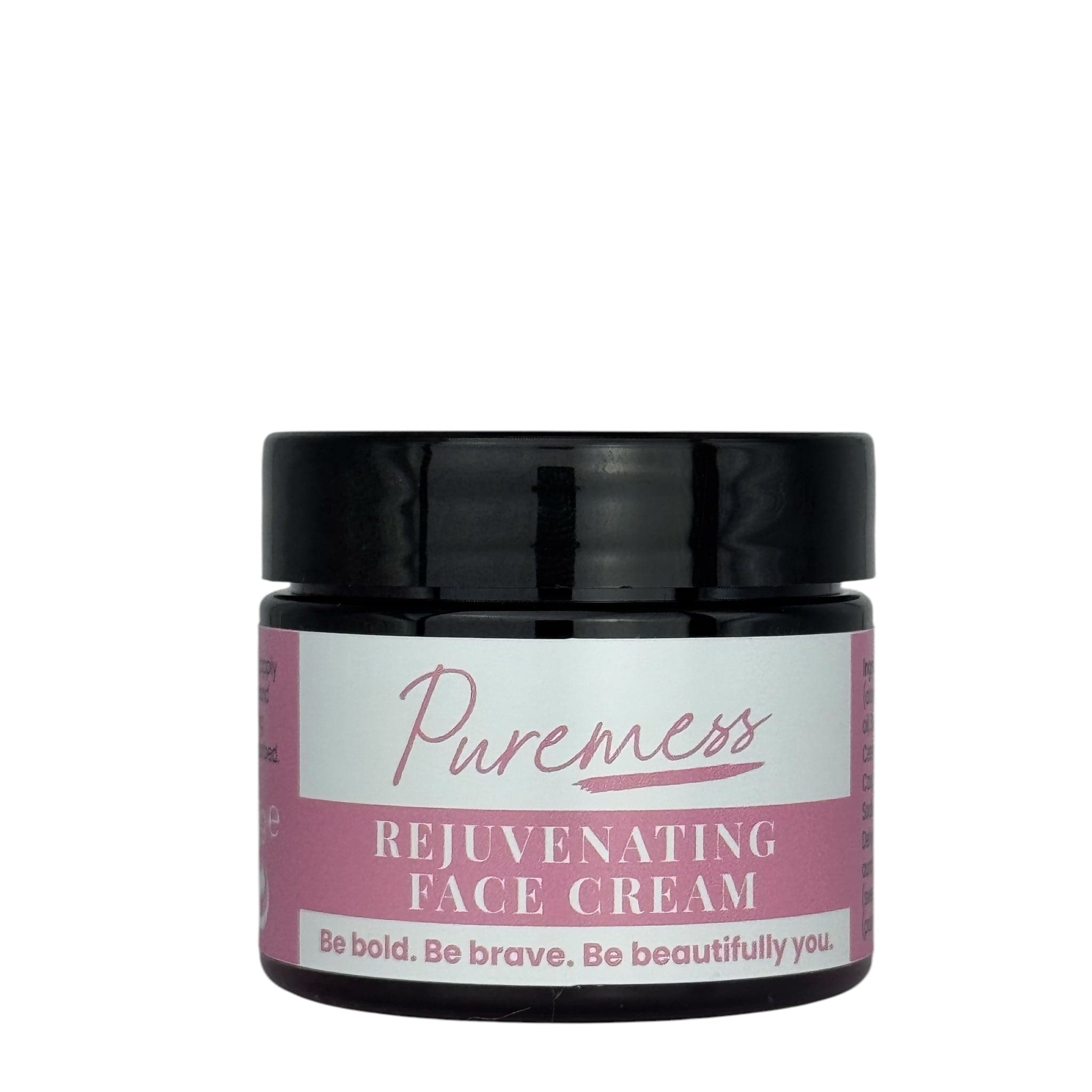 Rejuvenating Face Cream in black-lid container with pink label featuring Puremess logo, natural skincare, and eco-friendly. - Rejuvenating Face Cream - PUREMESS SKINCARE