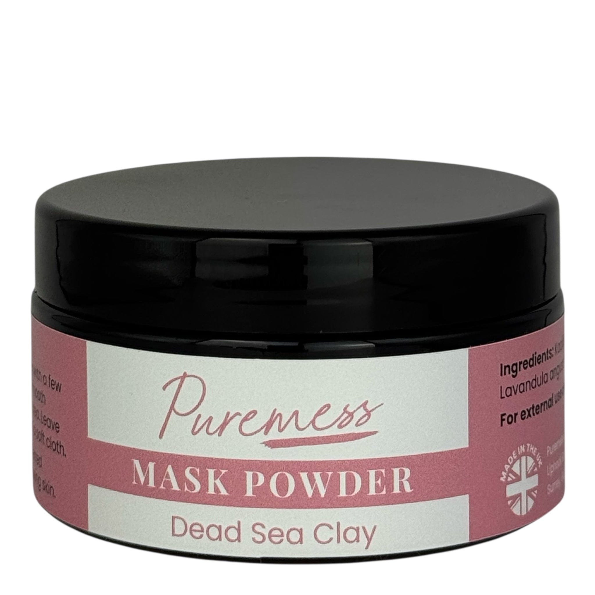 Puremess Dead Sea Clay mask powder jar with pink label, natural skincare, eco-friendly beauty, handmade in the UK, botanical . - Dead Sea Mask Powder - PUREMESS SKINCARE