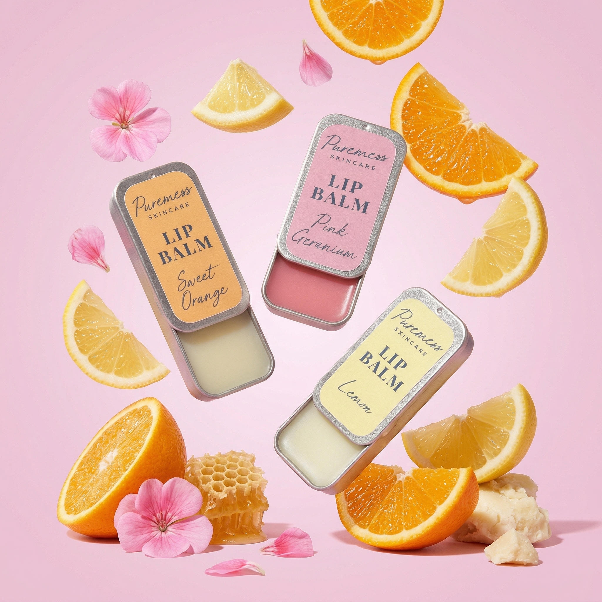 Natural Lip Balm Trio | Sweet Orange, Lemon & Pink Geranium
