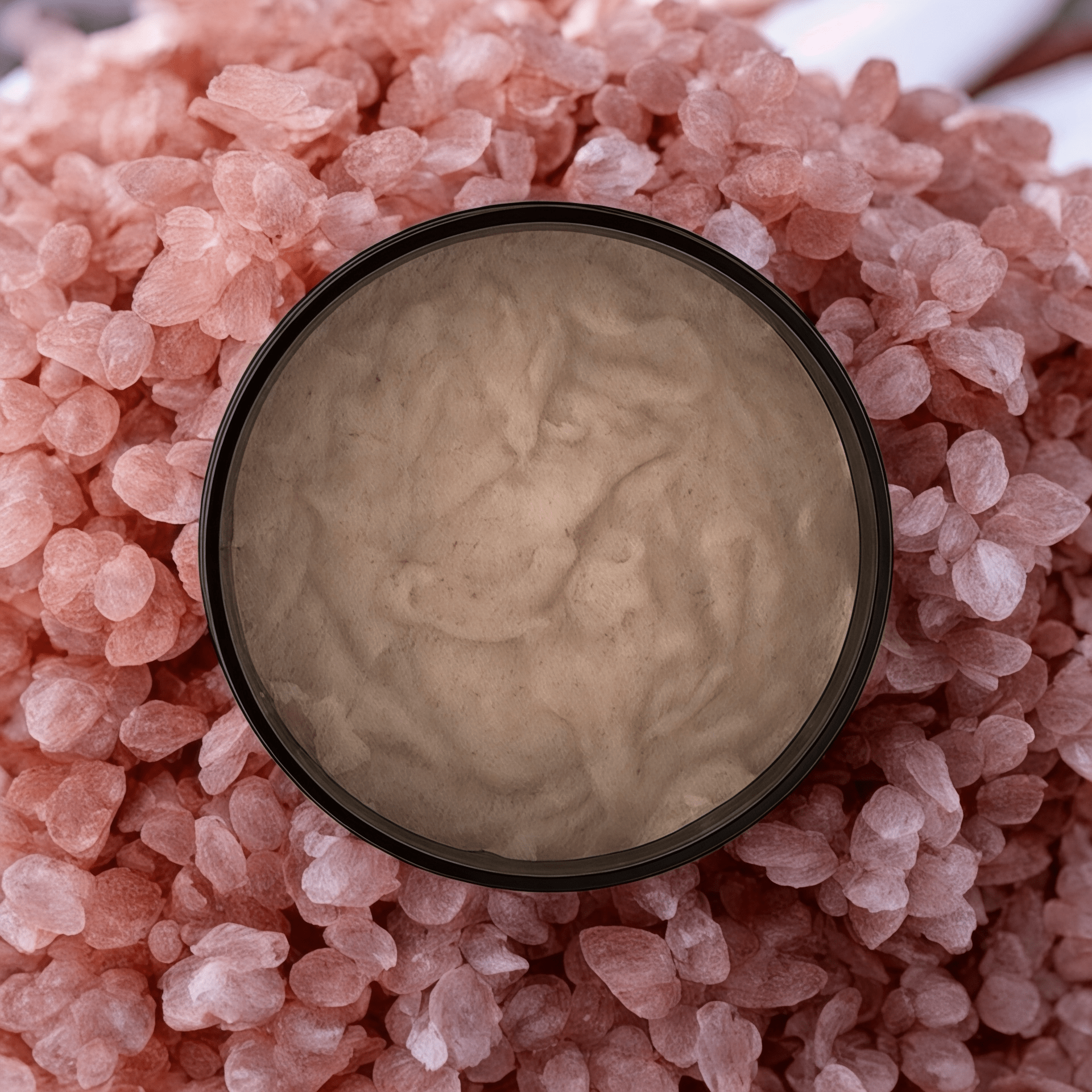 Open container of grapefruit body scrub with creamy texture on pink salt crystals, natural skincare with botanical. - Grapefruit Body Scrub - PUREMESS SKINCARE