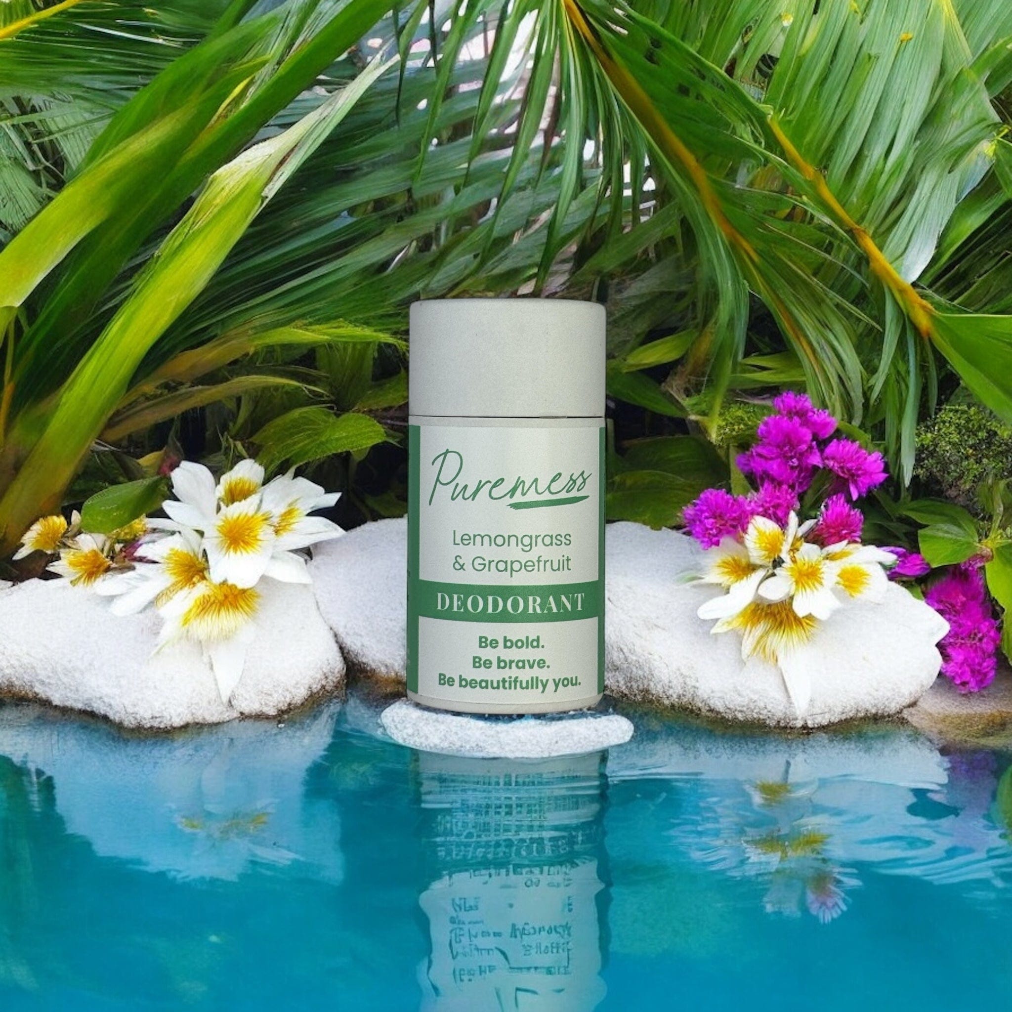 Lemongrass Grapefruit vegan deodorant with botanical ingredients, sustainable packaging, surrounded by tropical flowers and. - Lemongrass Grapefruit Vegan Deodorant - PUREMESS SKINCARE