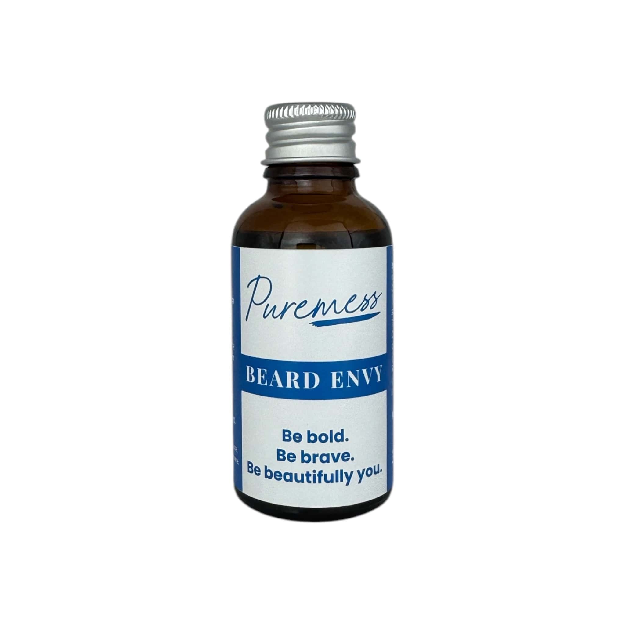 Amber glass with silver cap holding Puremess Men's Beard Envy natural skincare with botanical ingredients, sustainable. - Men's Beard Envy - PUREMESS SKINCARE
