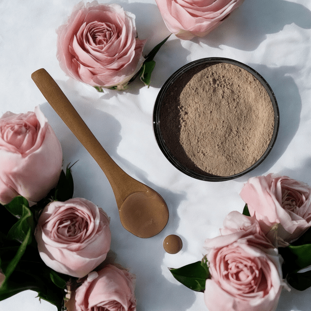 Open bowl of rose clay mask powder with wooden spoon surrounded by pink roses, highlighting natural skincare and botanical. - Rose Clay Mask Powder - PUREMESS SKINCARE