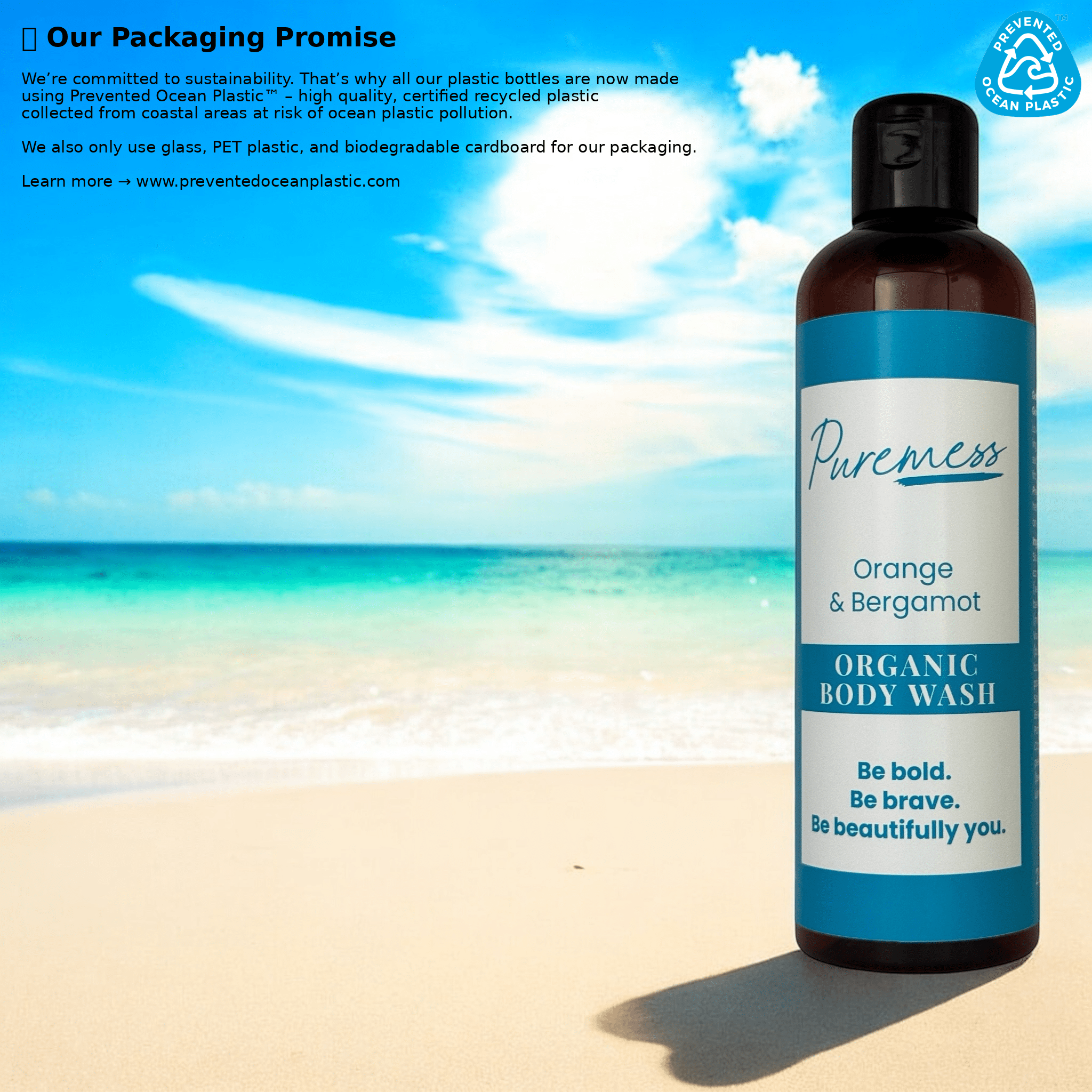 Puremess Orange & Bergamot organic body wash with sustainable packaging on a beach, natural skincare and eco-friendly beauty . - Packaging Banner - PUREMESS SKINCARE