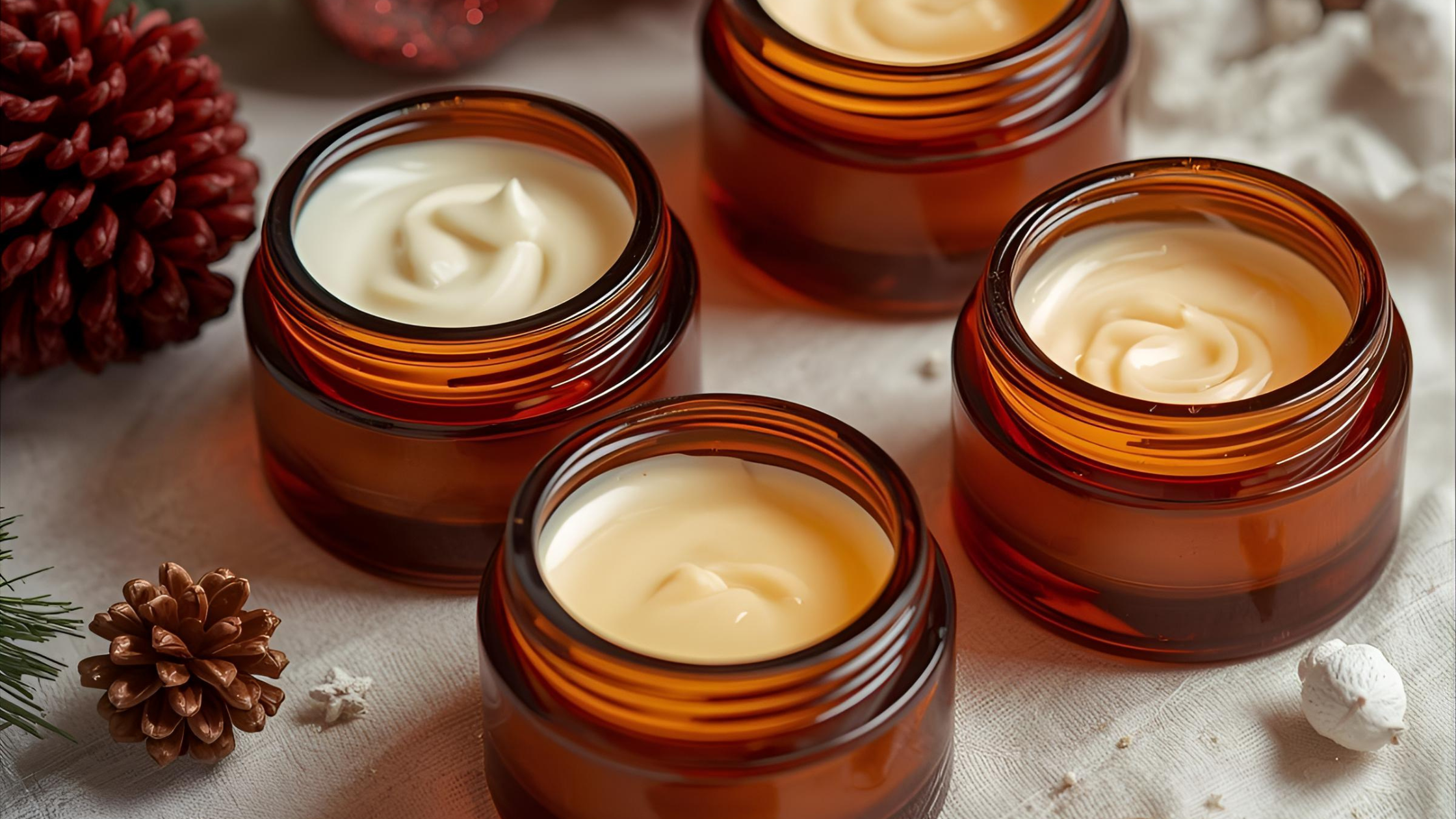 four pots of skincare cream in amber glass bottles