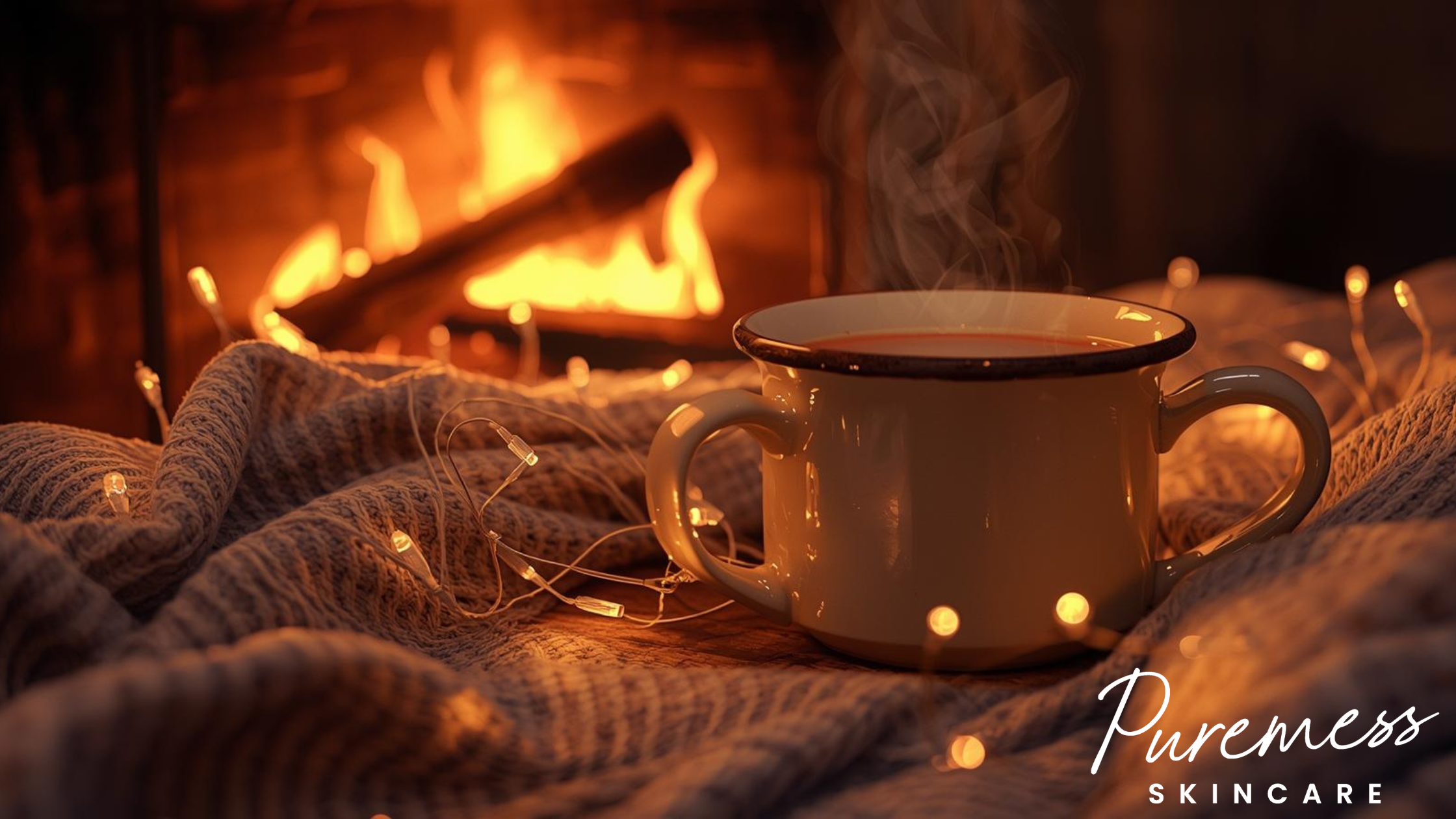 Autumn skincare self care ritual with steaming mug, cosy knit blanket and warm firelight