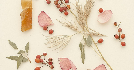 botanical illustration, flat lay, scattered dried rosehip berries with leaves, oat grass sprigs with grain heads, amber frankincense resin chunks, pale pink rose petals, on a soft cream background