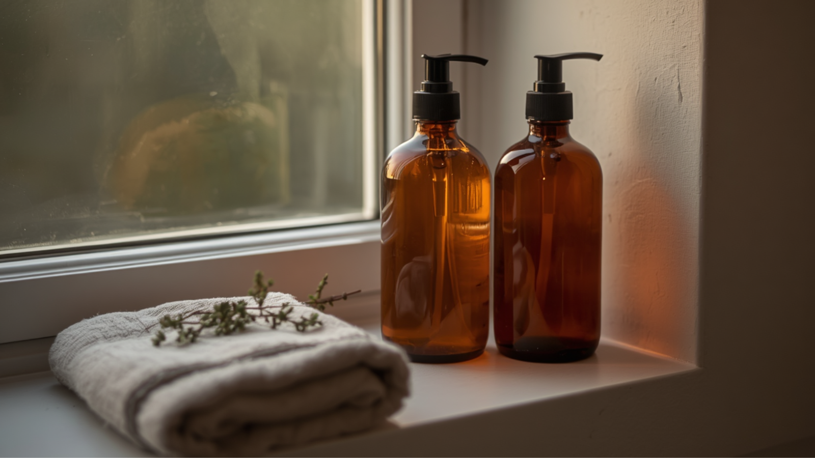 Two amber glass skincare bottles on a sunlit windowsill beside a folded linen towel and a sprig of greenery, in soft golden evening light - a calm corner for an evening skincare ritual.