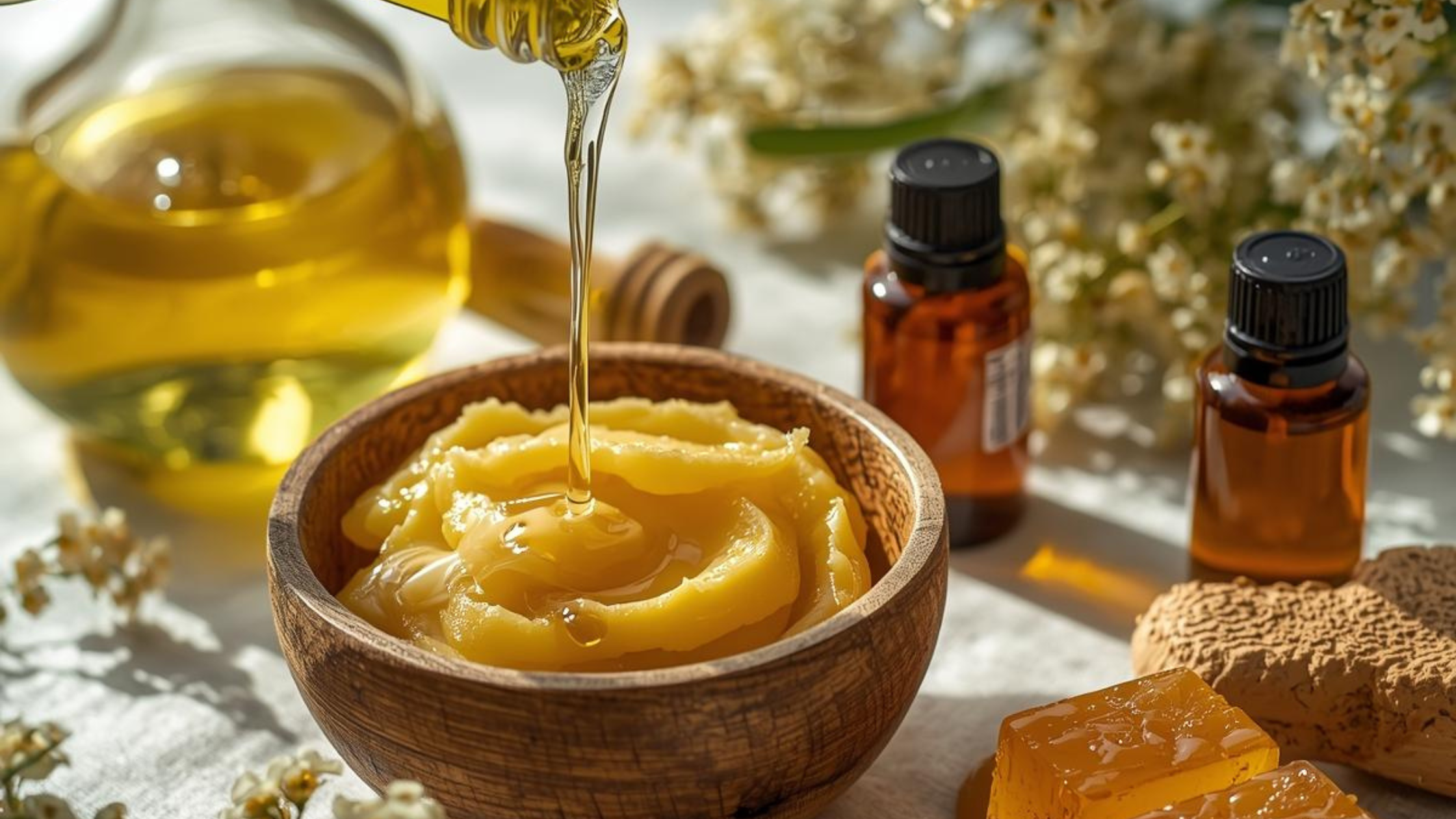 olive oil, mango butter and essential oils for skincare