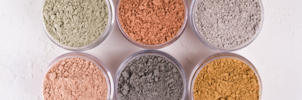 6 different clay powders, light green, amber, grey, pink, charcoal and yellow