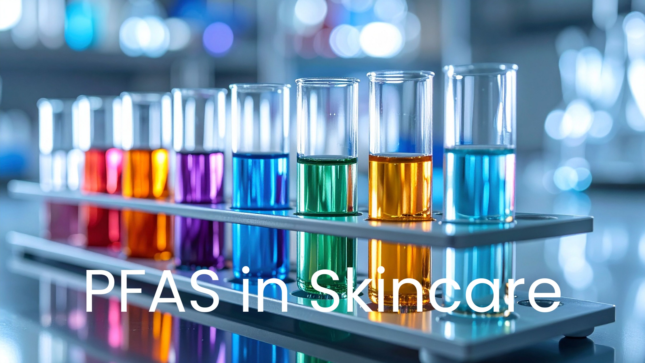 clear glass vials with coloured liquid depicting chemicals found in skincare