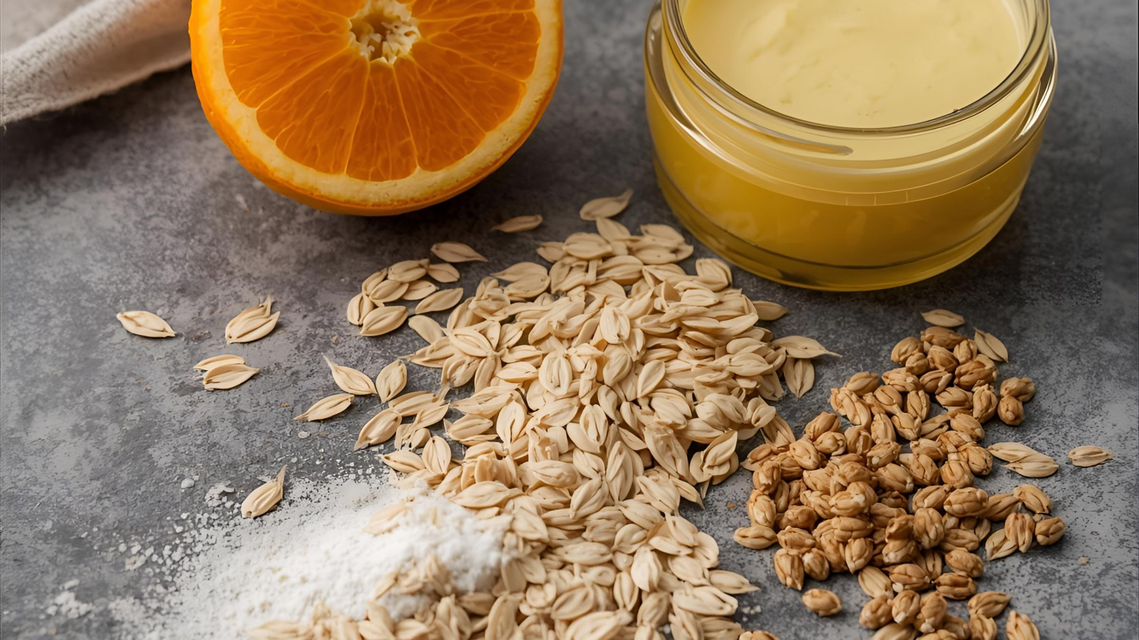 jar of creamy skin cleanser with a cut orange and oats
