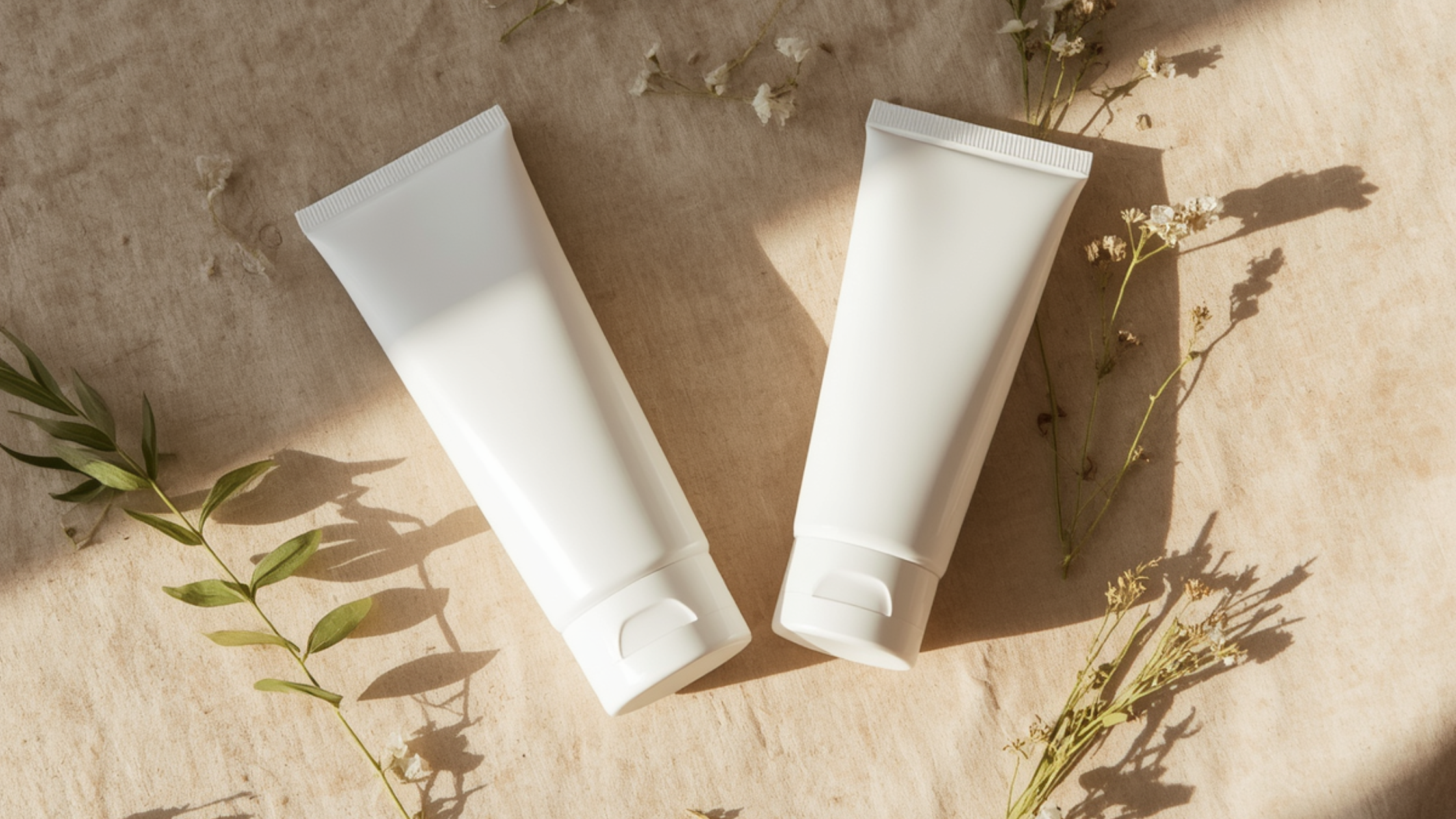 Two blank white skincare tubes arranged on a natural linen surface with soft botanical sprigs and dried wildflowers, lit by warm golden sunlight casting gentle shadows.