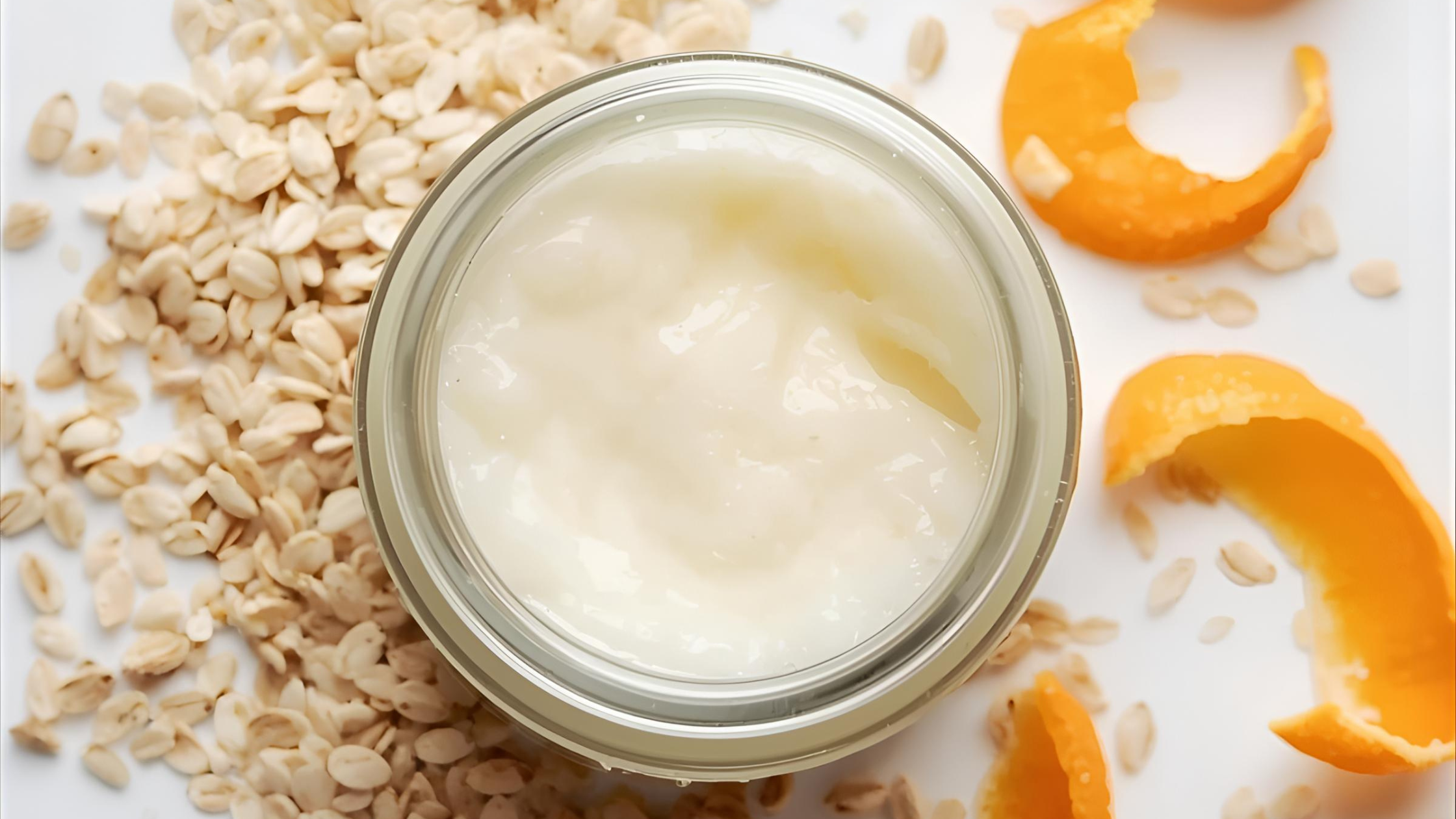 oats and mandarin peel surrounding a clear glass jar of cream