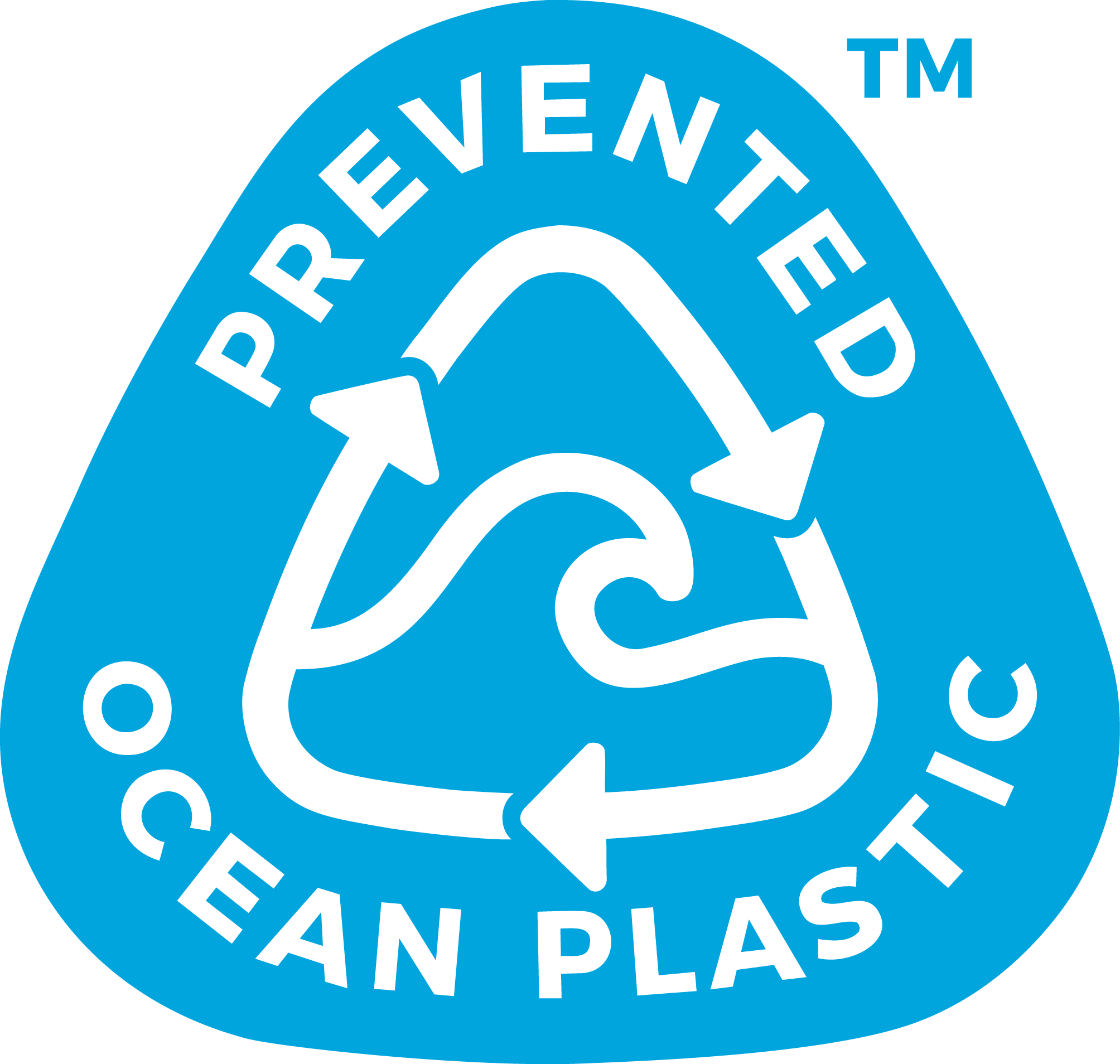 Blue Prevented Ocean Plastic logo with white recycling arrows and wave symbol, promoting natural skincare and eco-friendly. - Prevented Ocean Plastic Logo - PUREMESS SKINCARE