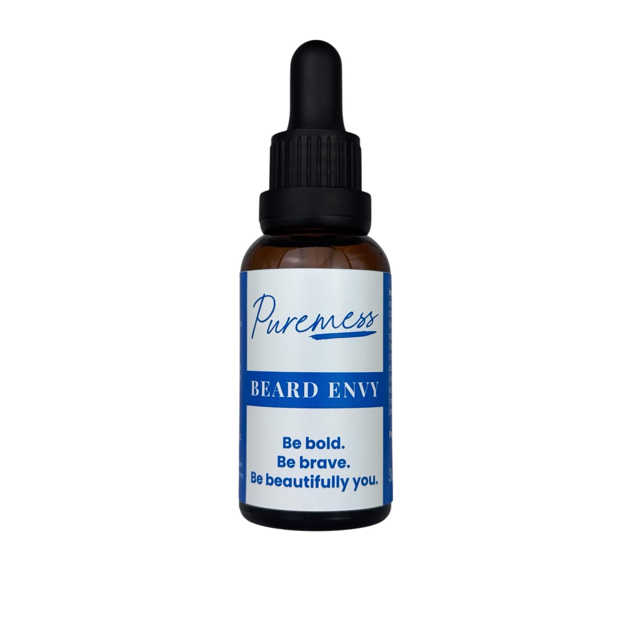 Amber glass dropper with blue and white label reading Puremess Beard Envy, featuring eco-friendly beauty, natural skincare,. - Men's Beard Envy - PUREMESS SKINCARE