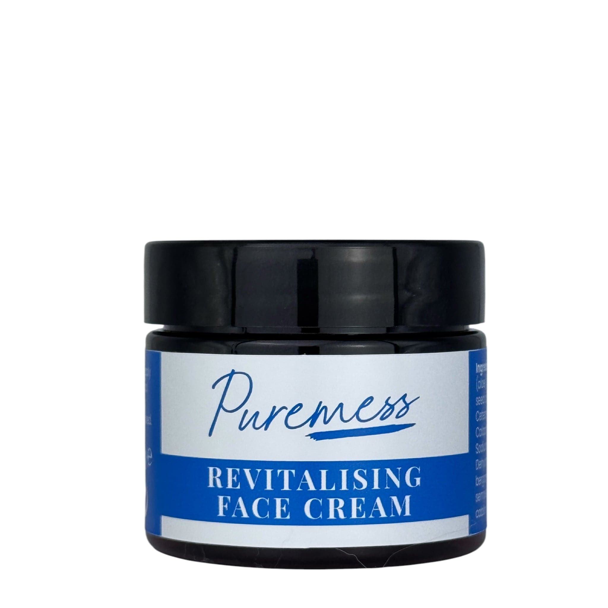 Puremess Revitalising Face Cream in black jar with blue and white label, natural skincare with botanical ingredients,. - Men's Revitalising Face Cream - PUREMESS SKINCARE