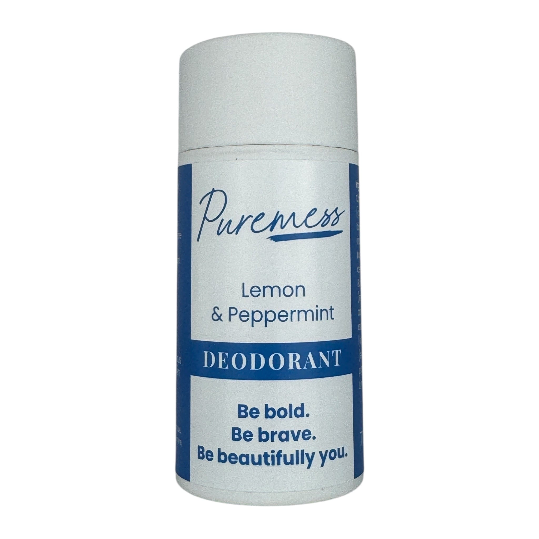 Puremess Lemon & Peppermint deodorant with blue and white label, natural skincare, eco-friendly beauty, handmade in the UK,. - Lemon & Peppermint Vegan Deodorant - PUREMESS SKINCARE