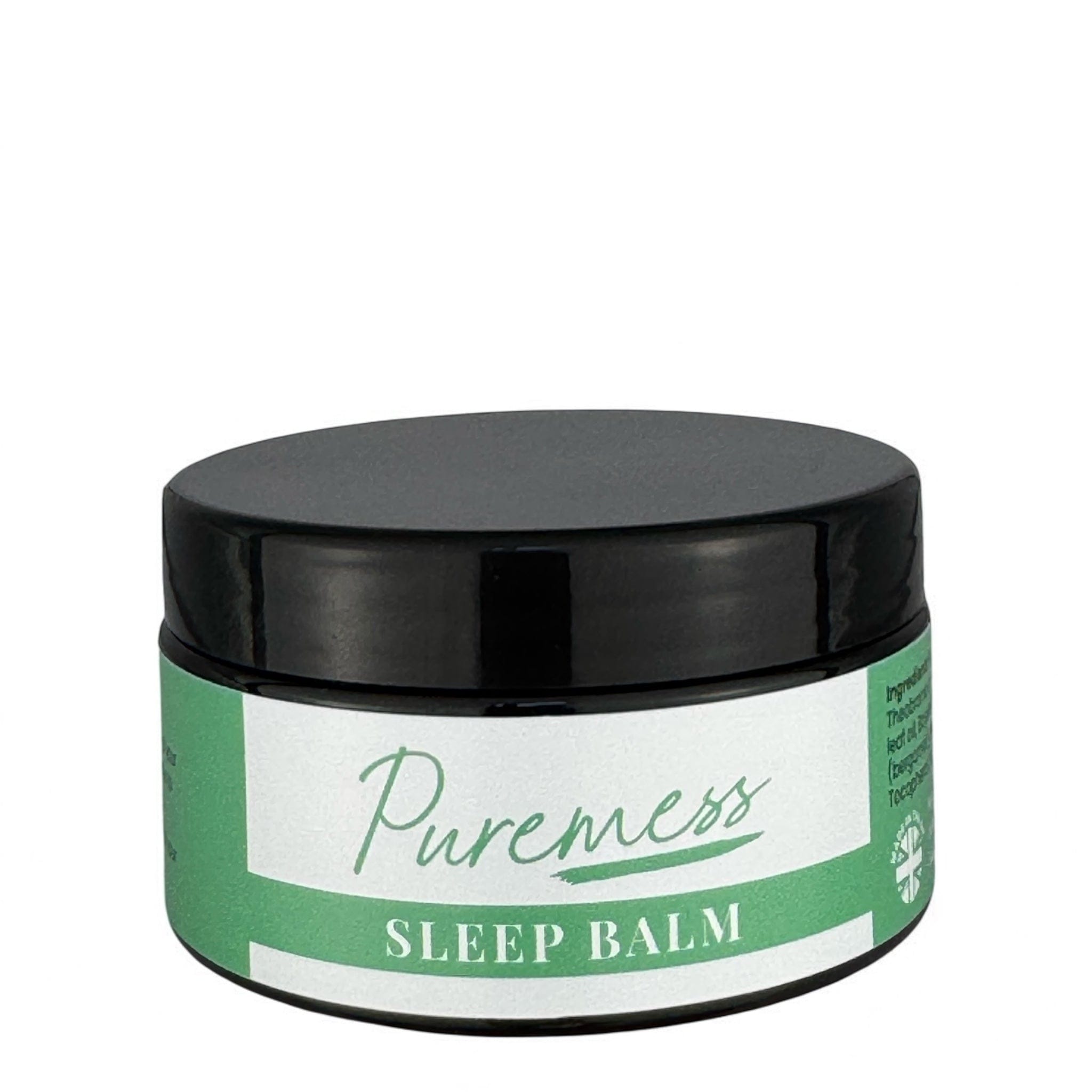 Puremess Sleep Balm in green and white container with black lid, natural skincare, botanical ingredients, eco-friendly. - Natural Sleep Balm with Lavender & Bergamot – For Restful, Restorative Sleep - PUREMESS SKINCARE
