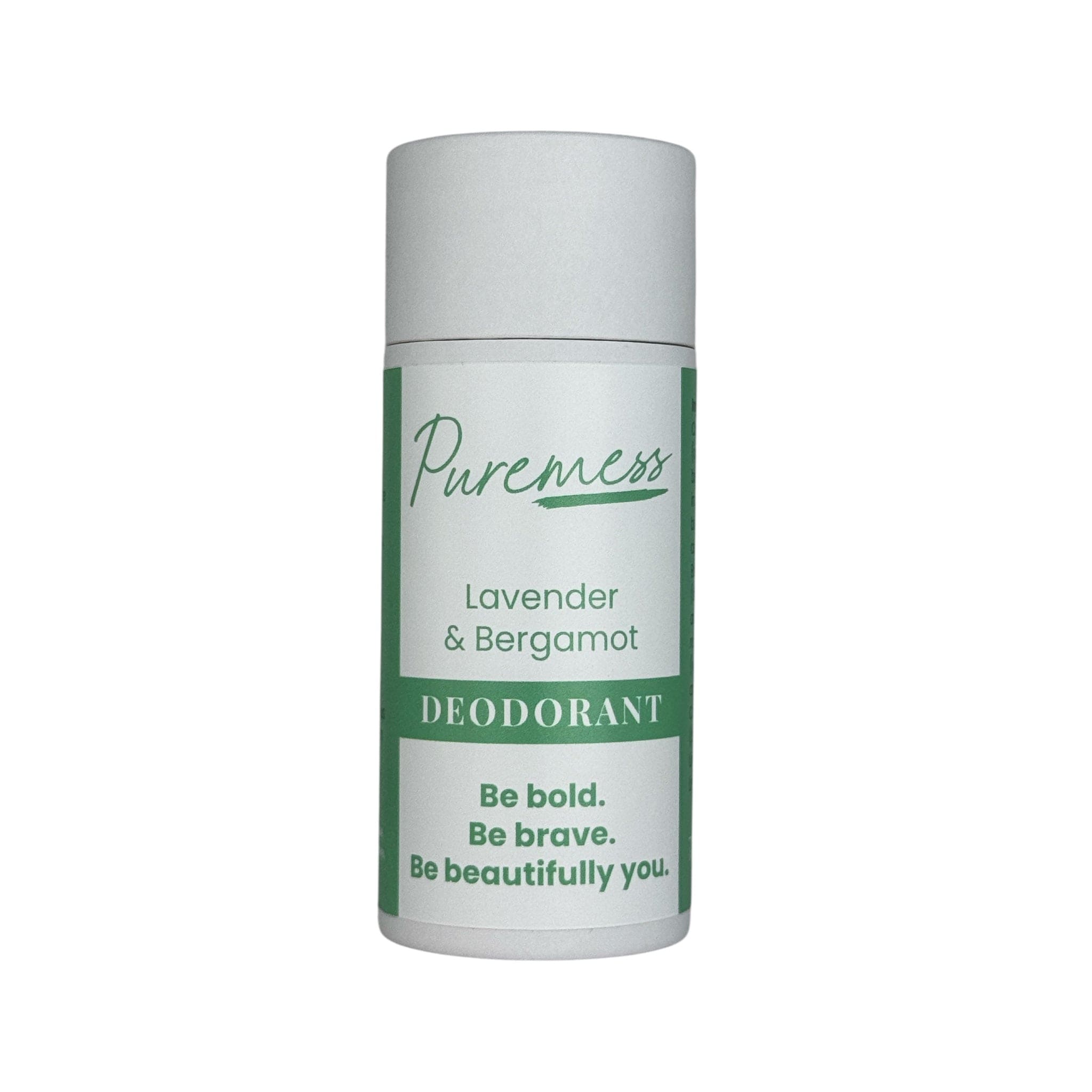 Lavender & Bergamot deodorant with green label, highlighting natural skincare, botanical ingredients, and sustainable. - Lavender & Bergamot Vegan Deodorant - PUREMESS SKINCARE