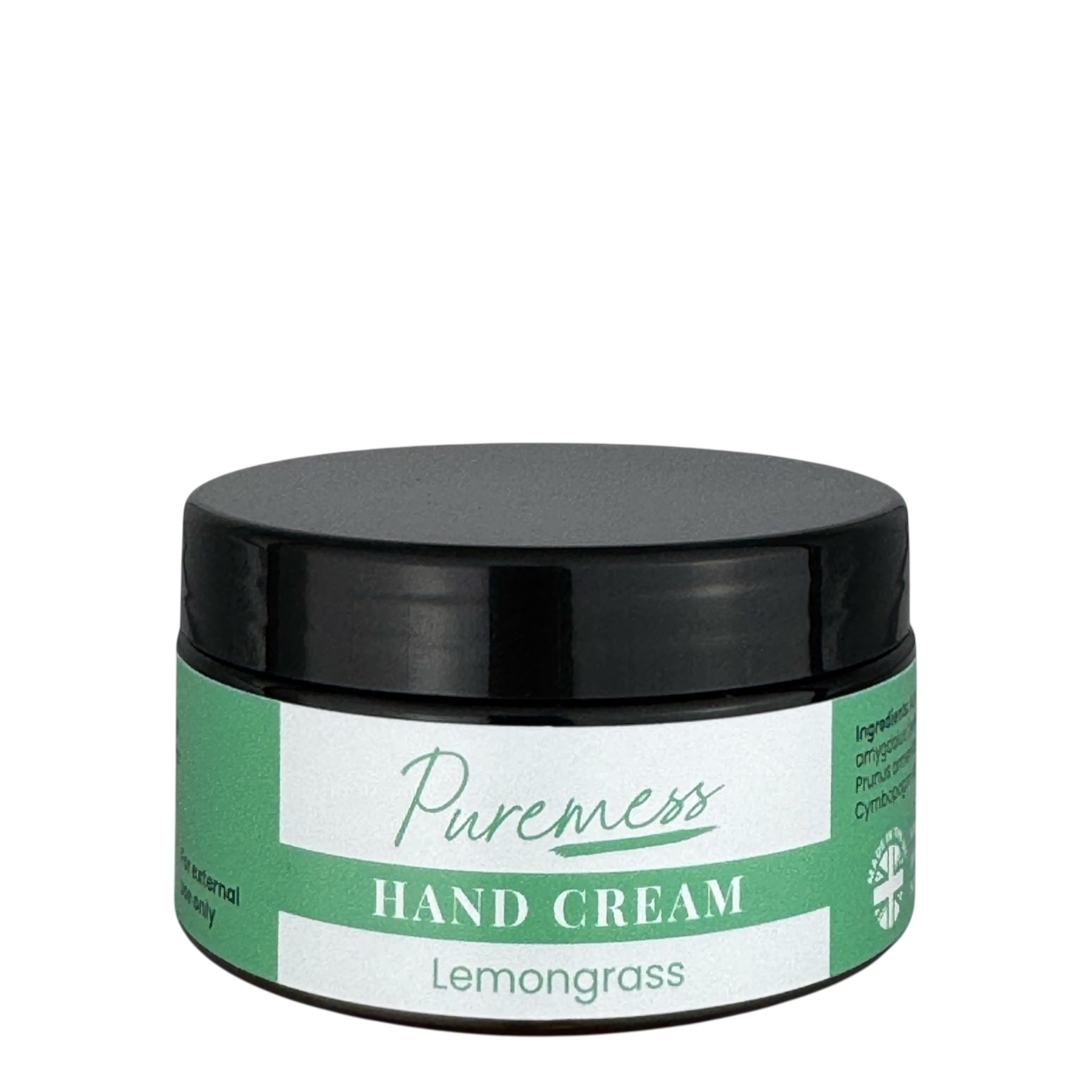 Green and white labeled lemongrass hand cream with black lid, eco-friendly beauty by Puremess, handmade in the UK. - Lemongrass Hand Cream - PUREMESS SKINCARE