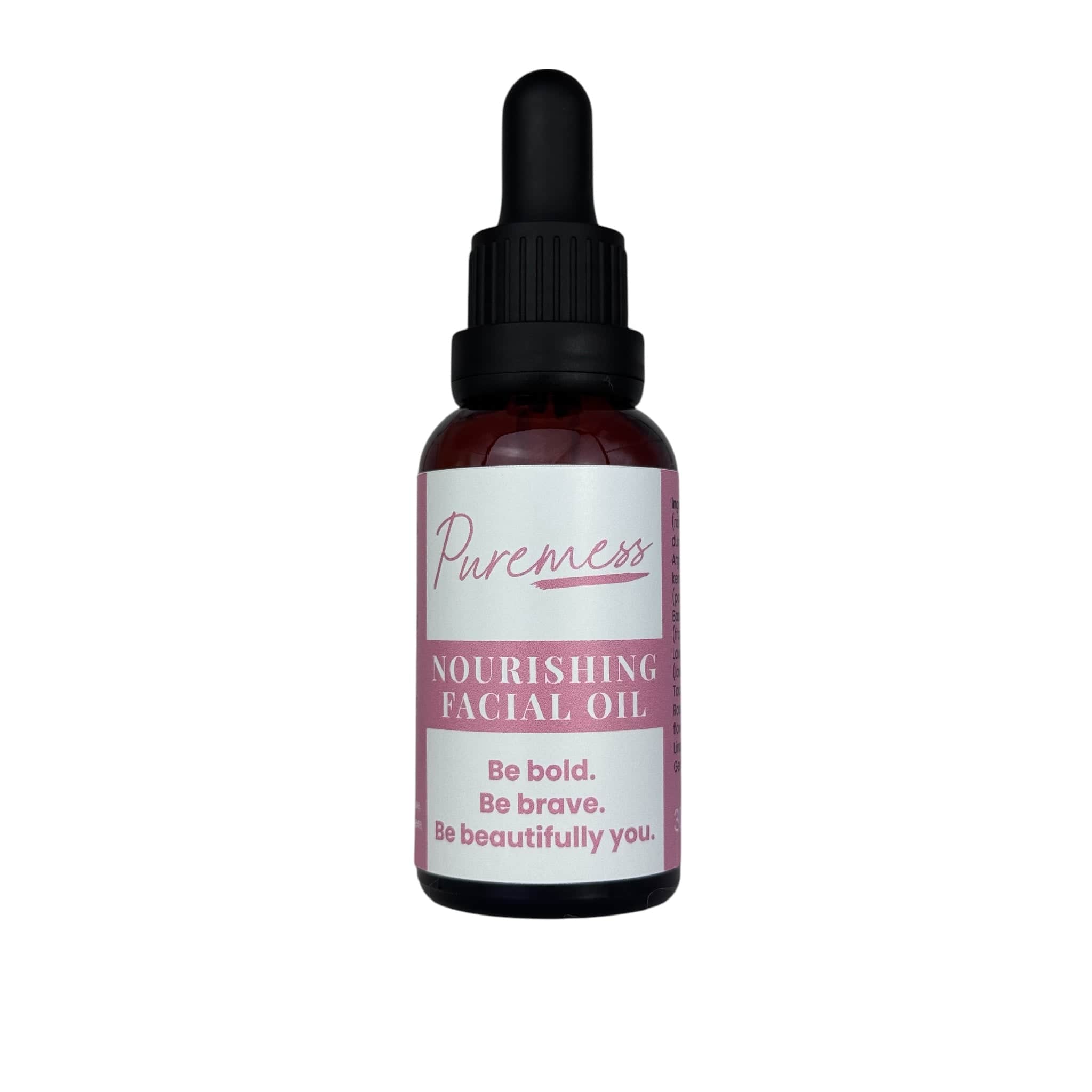 Dark amber dropper container labeled Puremess Nourishing Facial Oil with rosehip, argan, and pomegranate, eco-friendly. - Nourishing Facial Oil with Rosehip, Argan & Pomegranate – Natural & Vegan - PUREMESS SKINCARE