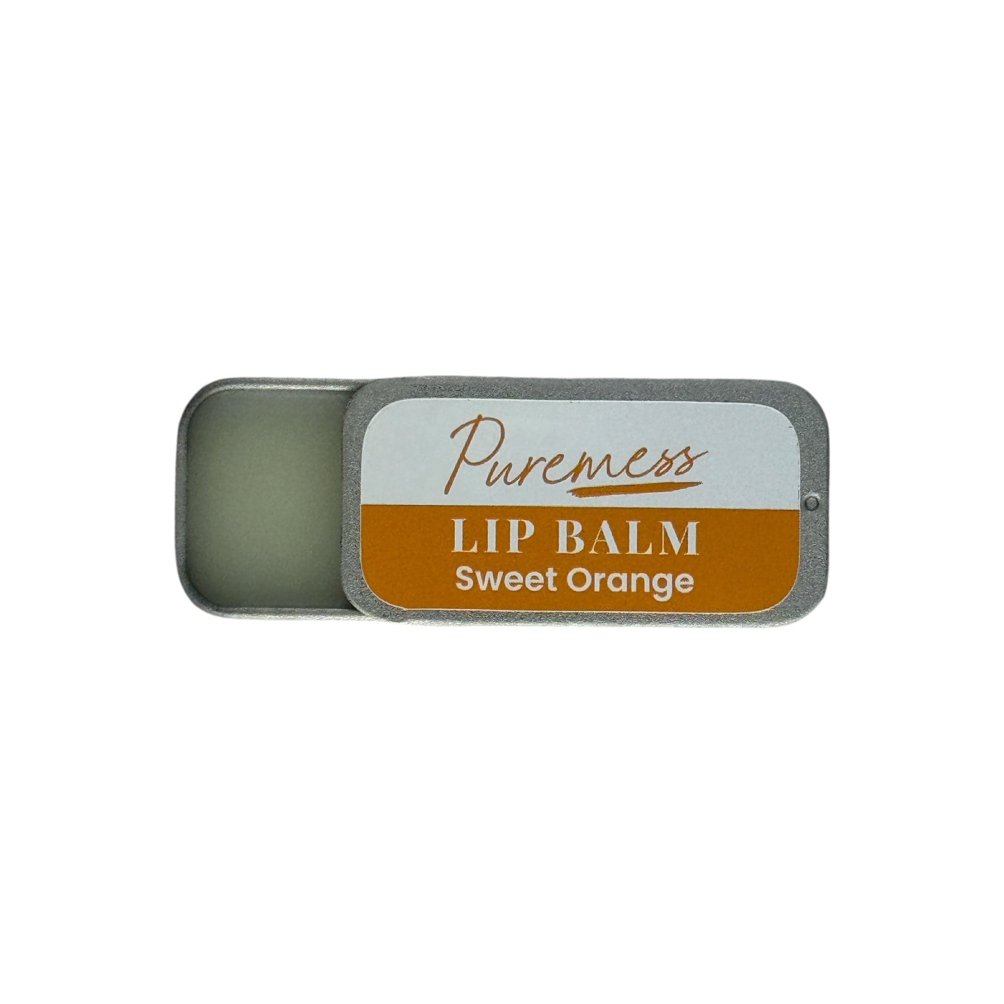 Small metal tin of Puremess Sweet Orange lip balm with natural skincare and botanical ingredients in eco-friendly beauty. - Sweet Orange Lip Balm - PUREMESS SKINCARE