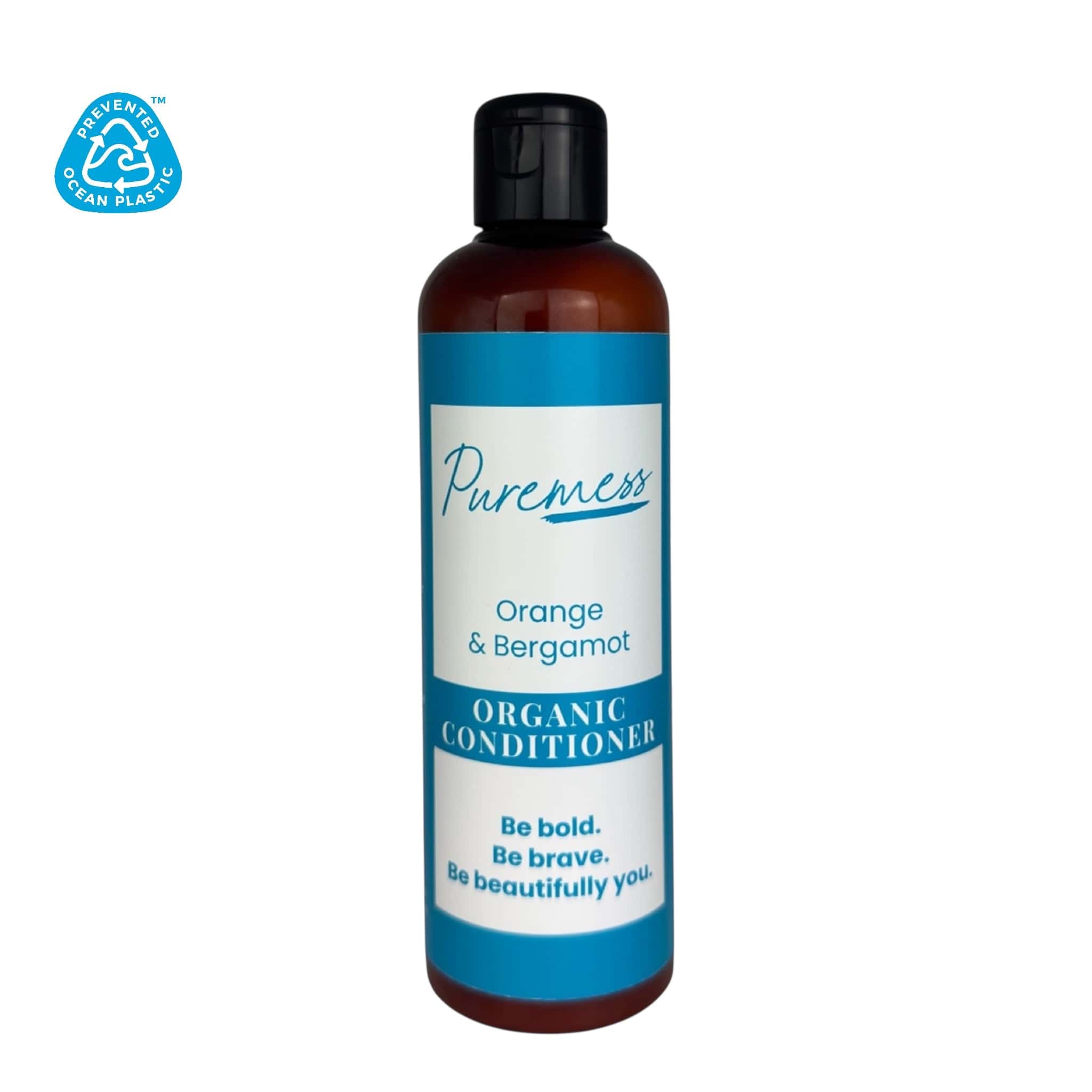 Orange and Bergamot organic conditioner with blue label, eco-friendly beauty, sustainable packaging, Puremess branding. - Orange & Bergamot Organic Conditioner - PUREMESS SKINCARE