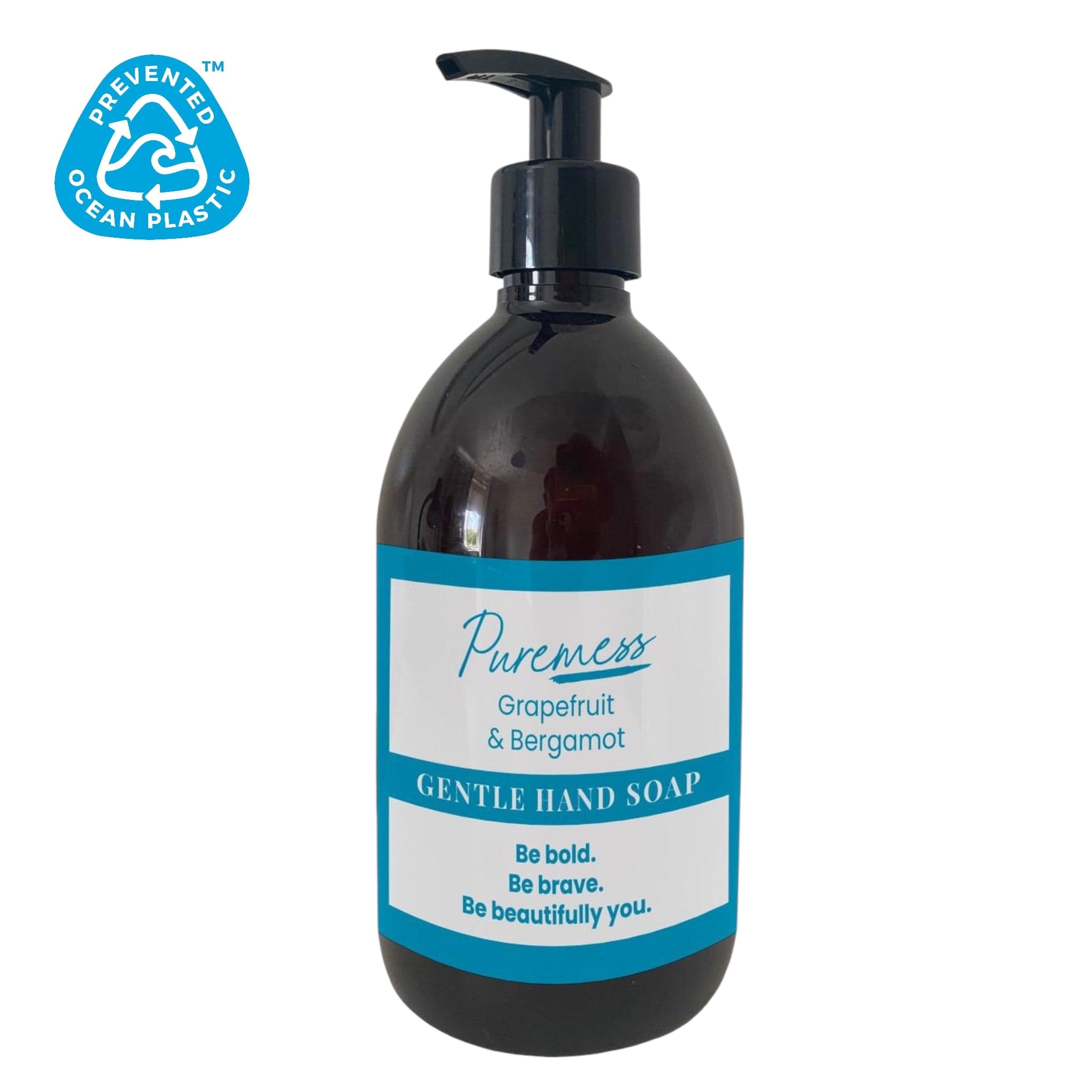 Dark amber dispenser with blue label reading Puremess Grapefruit & Bergamot Gentle Hand Soap, sustainable packaging and. - Gentle Liquid Hand Soap – SLS & SLES Free - PUREMESS SKINCARE