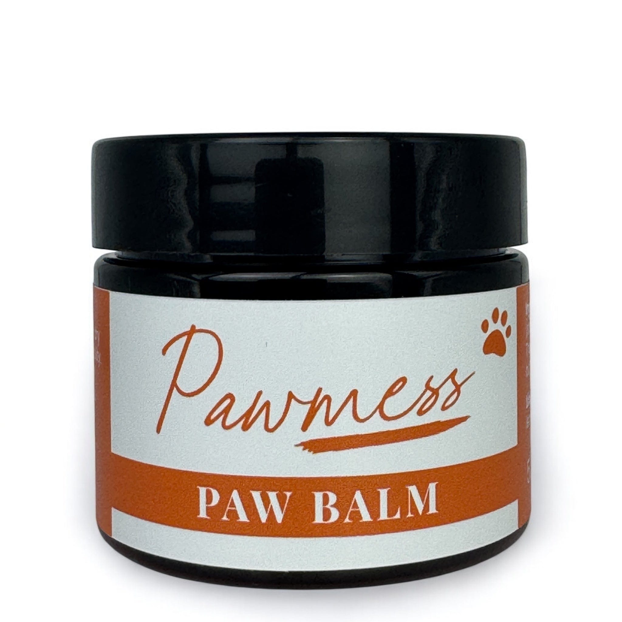 Dark amber container with Puremess Pawmess Paw Balm label featuring paw print, natural skincare, botanical ingredients,. - Pawmess Paw Balm for Dogs - PUREMESS SKINCARE