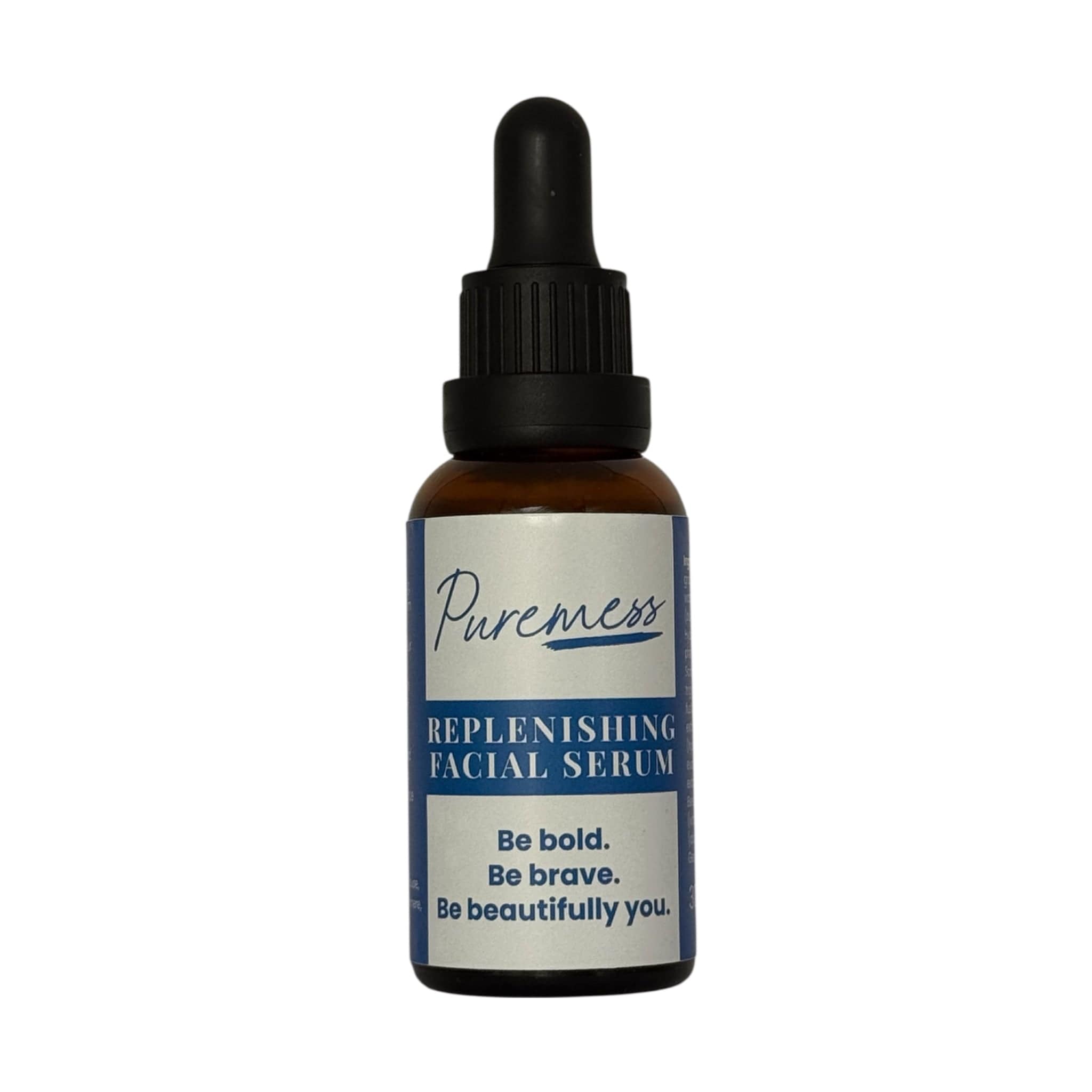 Amber glass container with black dropper cap, Puremess label highlighting natural skincare and botanical ingredients for. - Men's Replenishing Facial Serum - PUREMESS SKINCARE