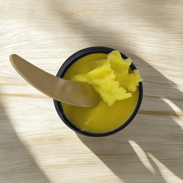 Yellow vanilla body custard with wooden spatula in black container, natural skincare, handmade in the UK, sustainable. - Vanilla Body Custard - PUREMESS SKINCARE