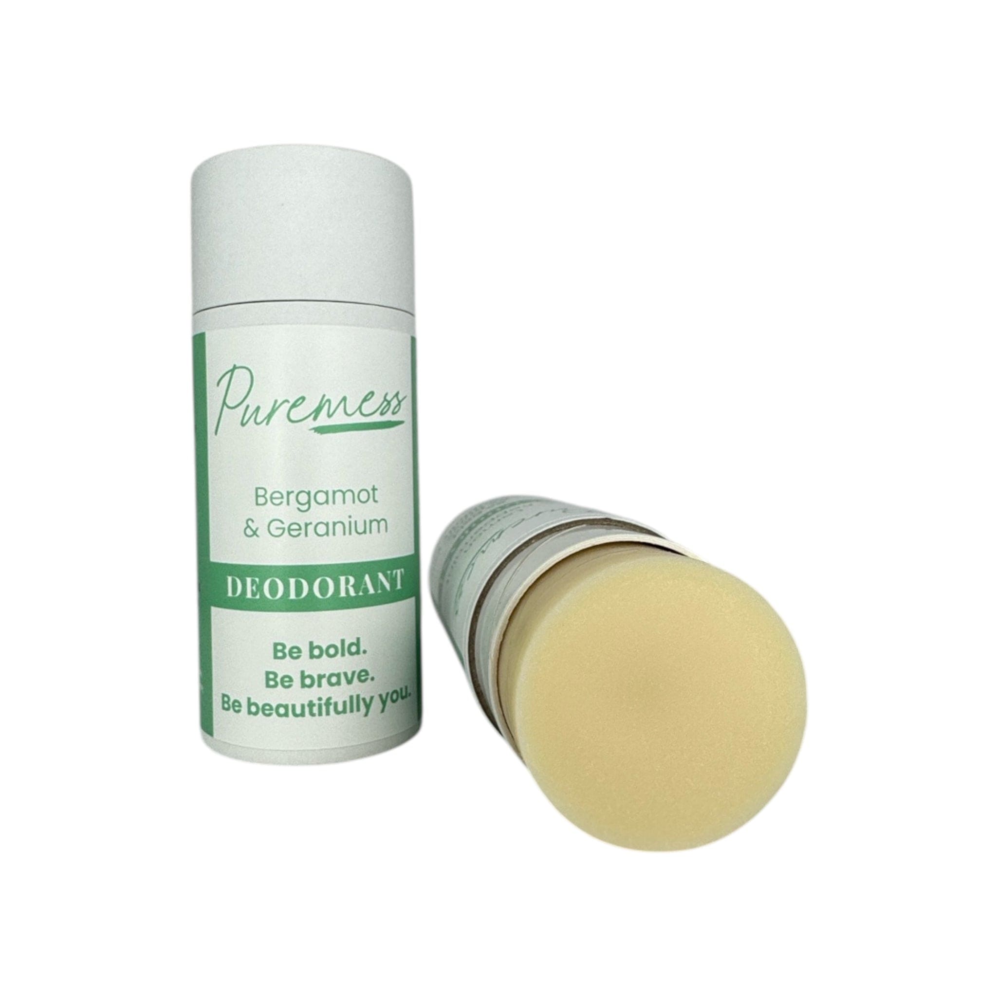 Natural skincare Bergamot & Geranium deodorant stick with sustainable packaging, handmade in the UK by Puremess. - Bergamot & Geranium Vegan Deodorant - PUREMESS SKINCARE