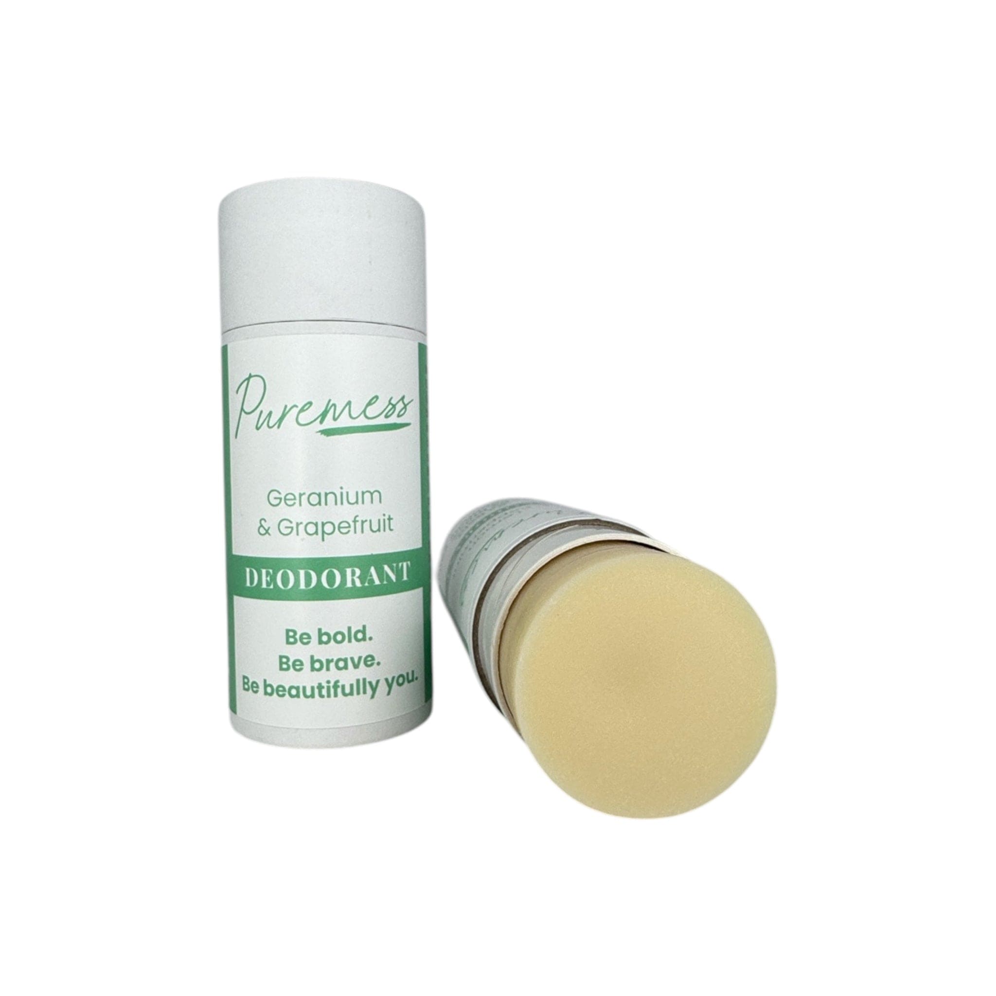 Geranium & Grapefruit vegan deodorant stick with natural skincare label, sustainable packaging, handmade in the UK by. - Geranium & Grapefruit Vegan Deodorant - PUREMESS SKINCARE