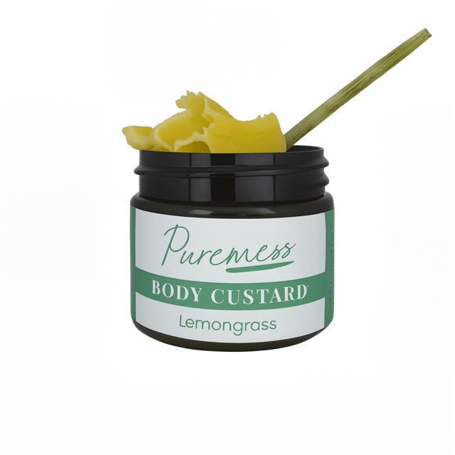 Open black container with yellow lemongrass body custard and wooden spatula, natural skincare, eco-friendly beauty, handmade . - Lemongrass Body Custard - PUREMESS SKINCARE