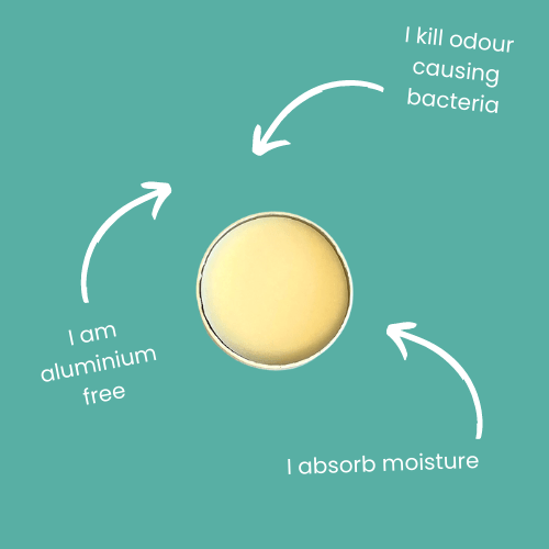 Open tin of creamy yellow Geranium & Grapefruit deodorant on turquoise background with text highlighting aluminium free,. - Geranium & Grapefruit Vegan Deodorant - PUREMESS SKINCARE