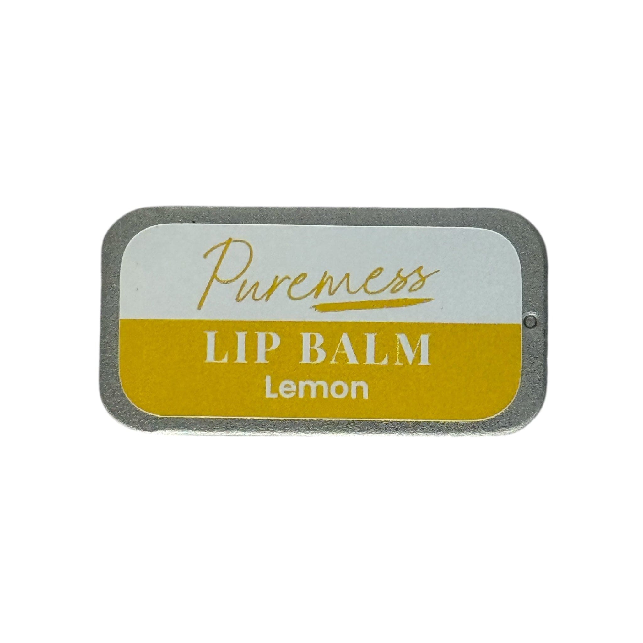 Puremess Lemon Lip Balm label in yellow and white with botanical ingredients, natural skincare, and eco-friendly beauty. - Lemon Lip Balm - PUREMESS SKINCARE