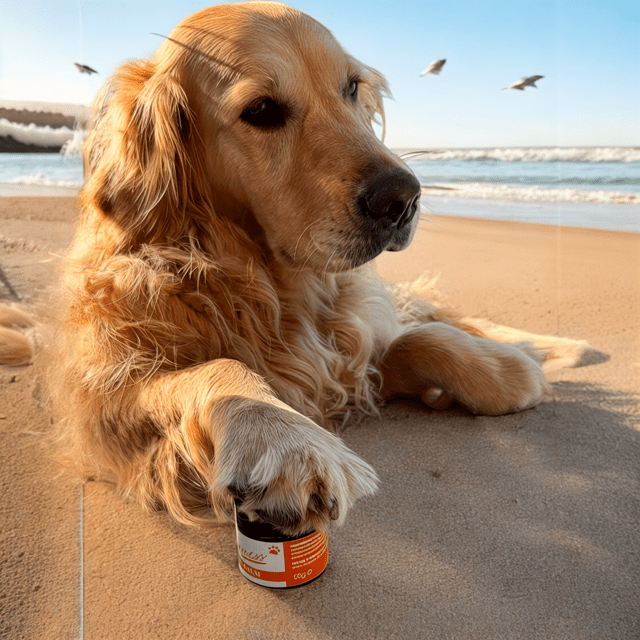 Golden retriever on sandy beach with paw resting on natural skincare balm from Puremess in eco-friendly beauty sustainable. - Pawmess Paw Balm for Dogs - PUREMESS SKINCARE