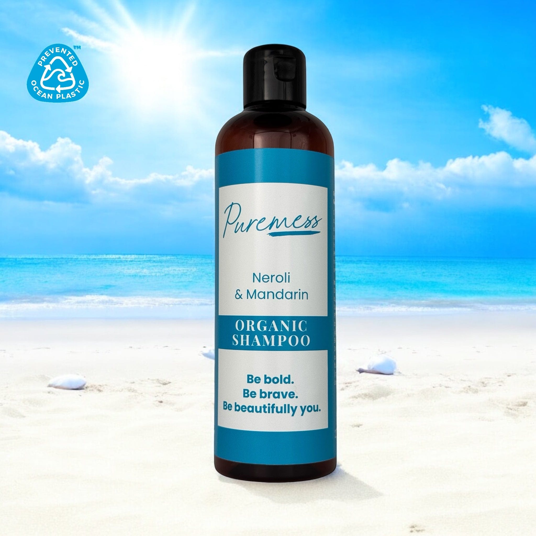 Neroli & Mandarin Organic Shampoo with blue label, highlighting natural skincare, eco-friendly beauty, and sustainable. - Neroli & Mandarin Organic Shampoo - PUREMESS SKINCARE