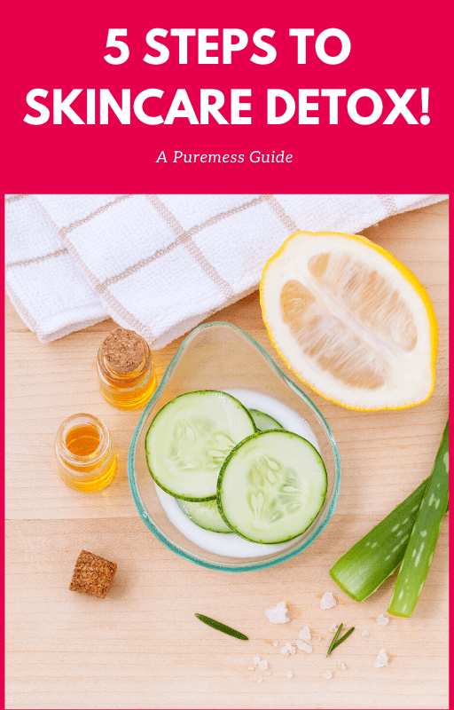 5 Steps to Skincare Detox guide with cucumber slices, aloe vera, lemon, honey, and white towels showcasing natural skincare. - 5 Steps to Skincare Detox - A Puremess Guide - PUREMESS SKINCARE